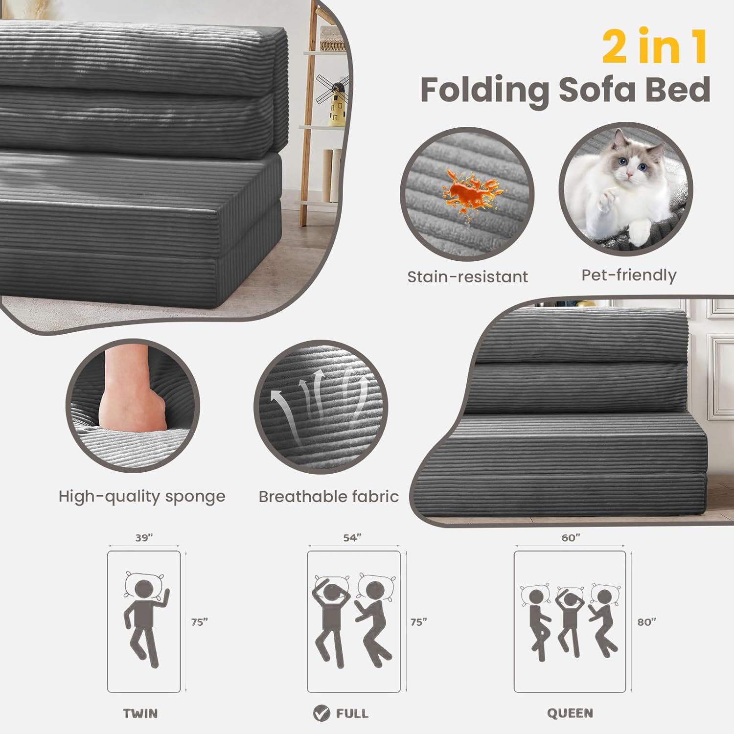 Folding Sofa Bed, Convertible Sleeper Chair with Pilow Foldable Matress, 2 in 1 Pull Out Loveseat Sofa Portable Fold Out Chair Bed Comfy Floor Couch Lounge for Living Room Bedroom