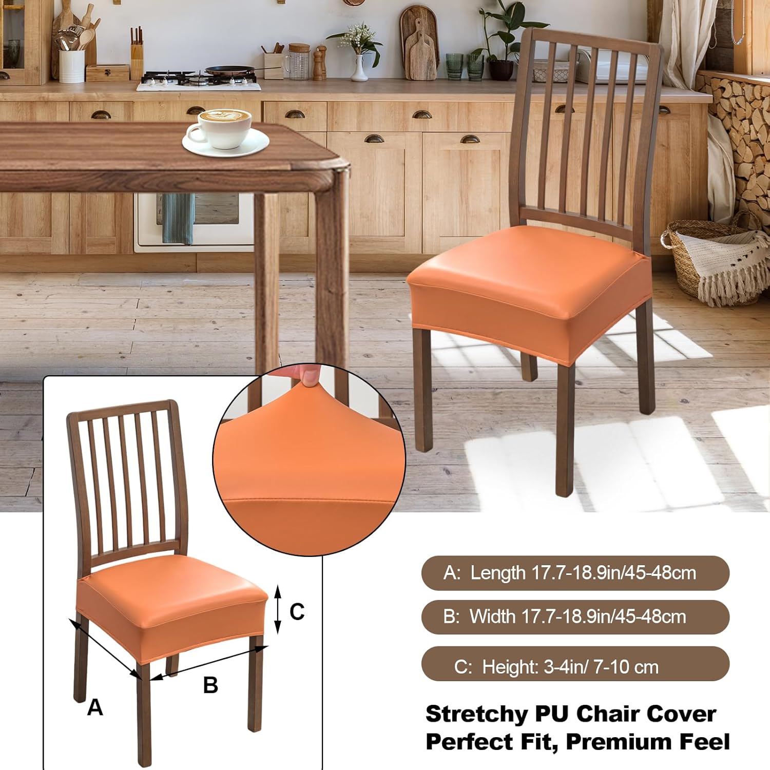 FUANGUI Dining Chair Covers Set of 4, Waterproof PU Leather Stretch Chair Seat Slipcovers Soft Removable Washable Chair Covers, Kitchen Chair Seat Covers Protectors Dining Room, PU-Black