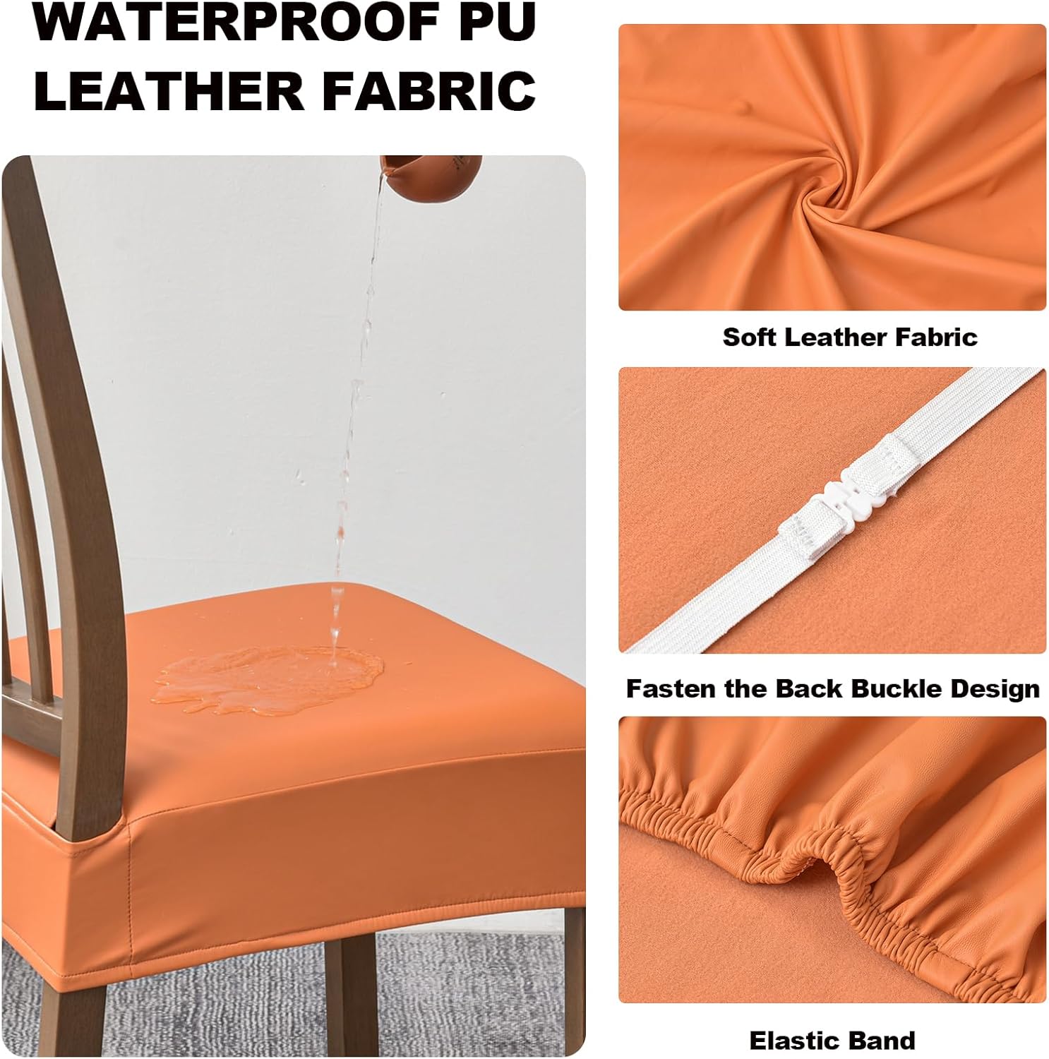 FUANGUI Dining Chair Covers Set of 4, Waterproof PU Leather Stretch Chair Seat Slipcovers Soft Removable Washable Chair Covers, Kitchen Chair Seat Covers Protectors Dining Room, PU-Black