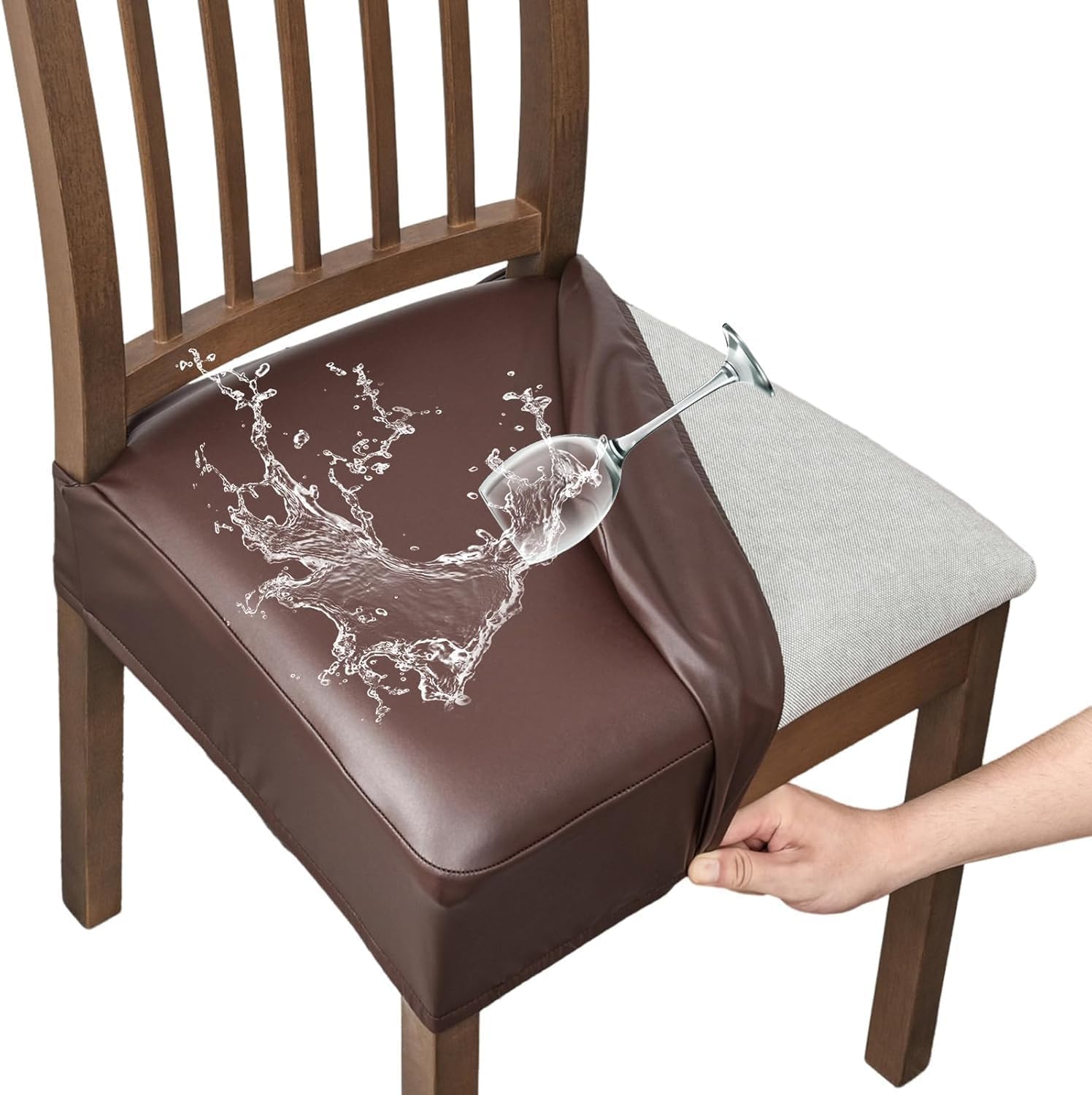 FUANGUI Dining Chair Covers Set of 4, Waterproof PU Leather Stretch Chair Seat Slipcovers Soft Removable Washable Chair Covers, Kitchen Chair Seat Covers Protectors Dining Room, PU-Black