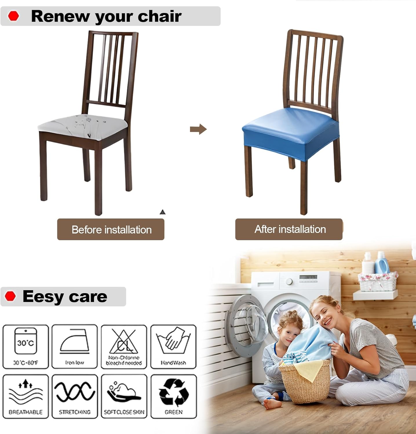 FUANGUI Dining Chair Covers Set of 4, Waterproof PU Leather Stretch Chair Seat Slipcovers Soft Removable Washable Chair Covers, Kitchen Chair Seat Covers Protectors Dining Room, PU-Black