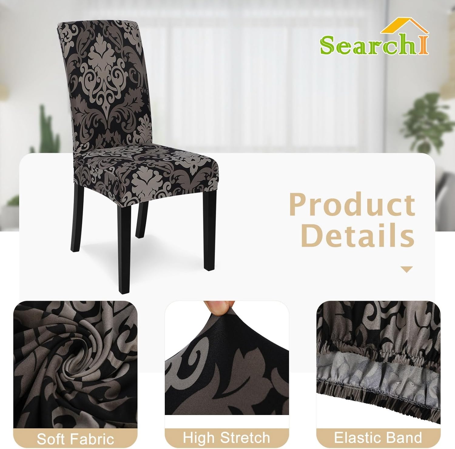 SearchI Chair Covers Slipcovers Set of 4, Spandex Super Fit Stretch Removable Washable Kitchen Parsons Protector for Dining Room,Hotel,Ceremony,Beige+Flowers