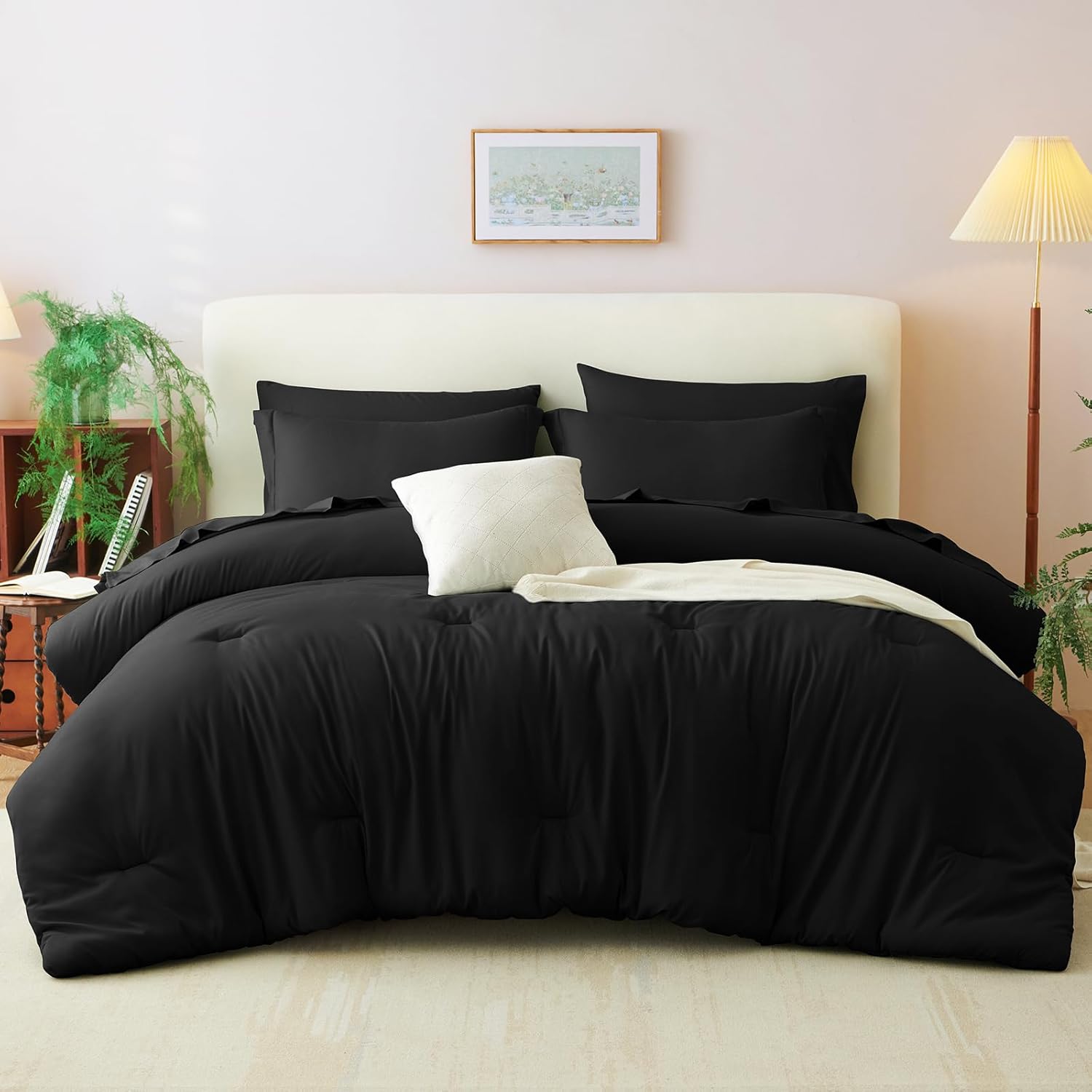Queen Comforter Set Black, 7 Pieces