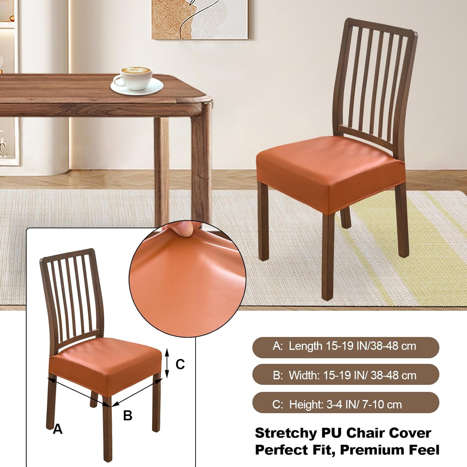 FUANGUI Dining Chair Covers Set of 4, Waterproof PU Leather Stretch Chair Seat Slipcovers Soft Removable Washable Chair Covers, Kitchen Chair Seat Covers Protectors Dining Room, PU-Black