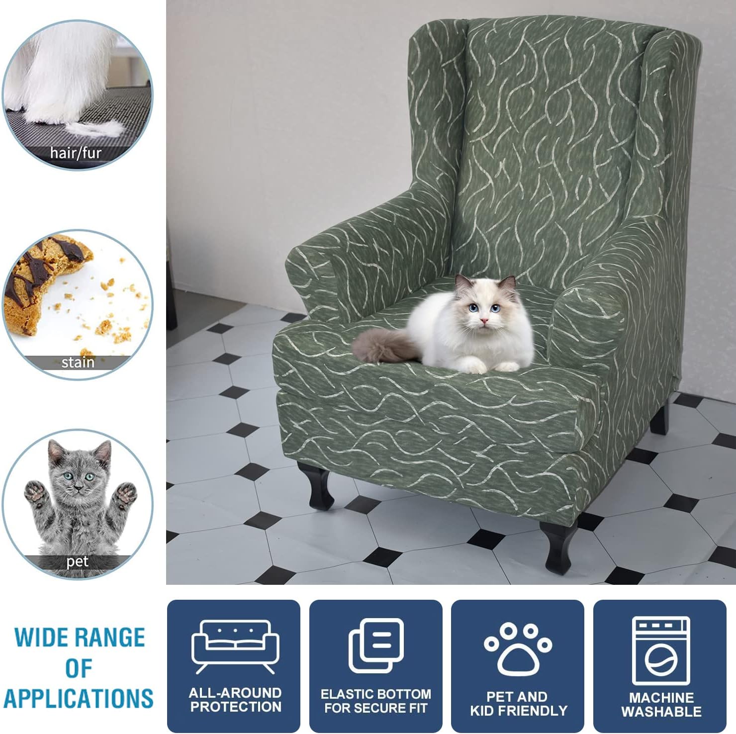 Wing Chair Slipcovers 2 Pieces Stretch Spandex Wingback Chair Covers Sofa Slipcover Printing Wingback Armchair Slipcovers Furniture Protector Couch Soft with Elastic Bottom for Wingback Chairs,12