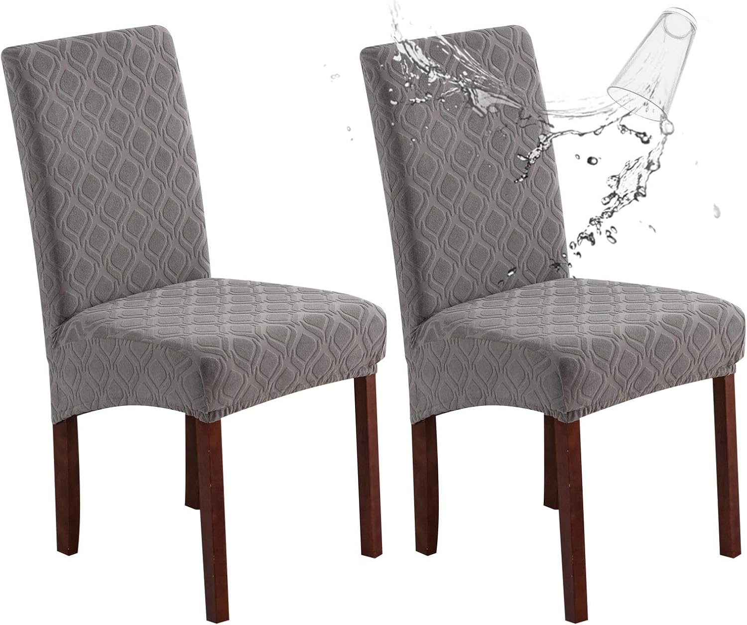 Genina 100% Waterproof Chair Covers for Dining Room Set of 4, Stretch Parson Chair Slipcovers for Kitchen Chairs, Washable Chair Protectors, Leaves-Warm Gray