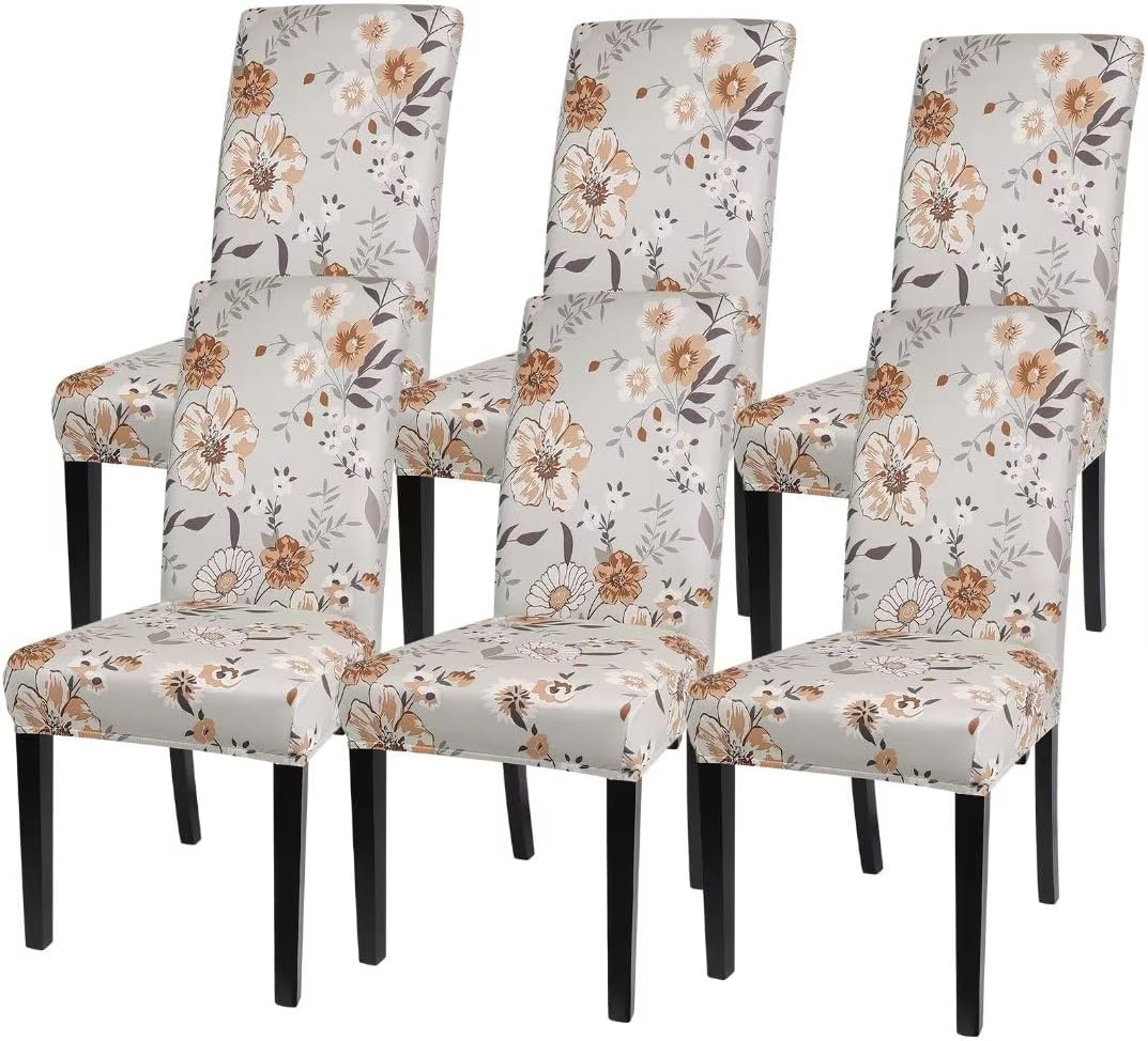 SearchI Chair Covers Slipcovers Set of 4, Spandex Super Fit Stretch Removable Washable Kitchen Parsons Protector for Dining Room,Hotel,Ceremony,Beige+Flowers
