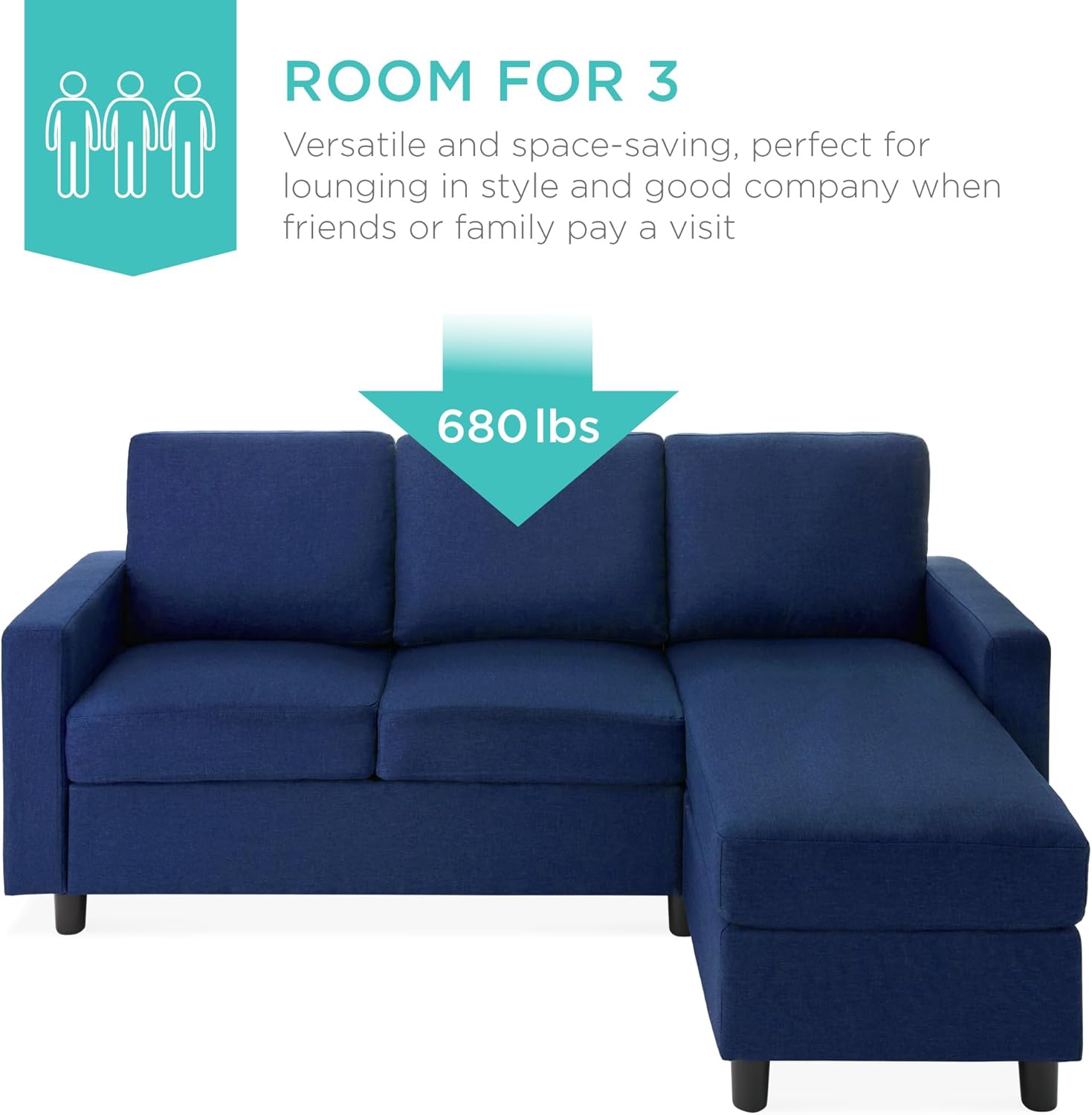 Best Choice Products Upholstered Sectional Sofa for Home, Apartment, Dorm, Bonus Room, Compact Spaces w/Chaise Lounge, 3-Seat, L-Shape Design, Reversible Ottoman Bench, 680lb Capacity - Light Gray