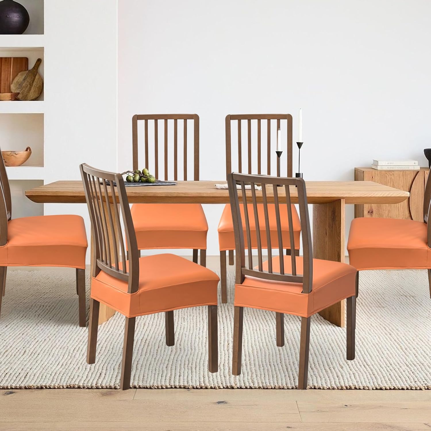 FUANGUI Dining Chair Covers Set of 4, Waterproof PU Leather Stretch Chair Seat Slipcovers Soft Removable Washable Chair Covers, Kitchen Chair Seat Covers Protectors Dining Room, PU-Black