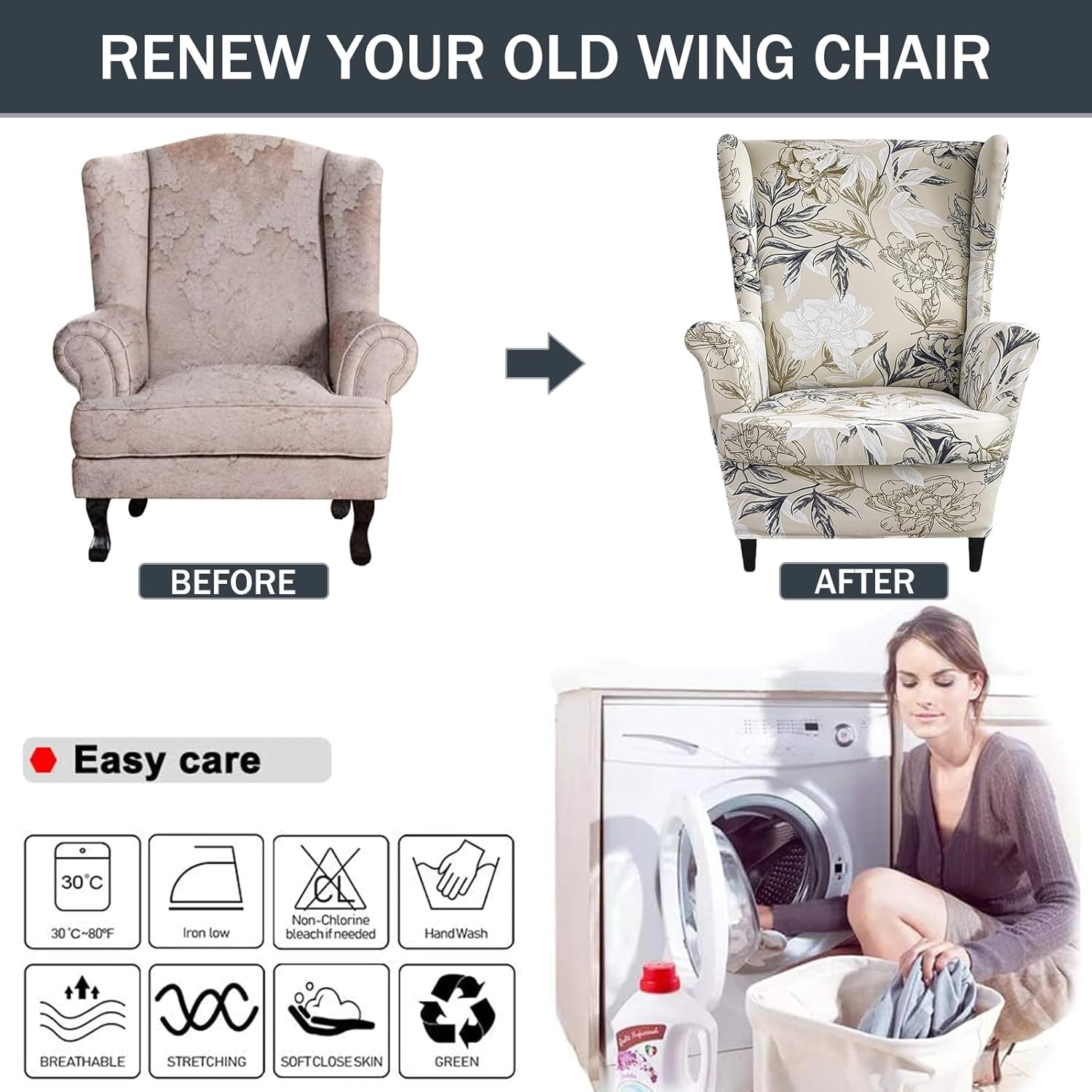 Wing Chair Slipcovers 2 Pieces Stretch Spandex Wingback Chair Covers Sofa Slipcover Printing Wingback Armchair Slipcovers Furniture Protector Couch Soft with Elastic Bottom for Wingback Chairs,12