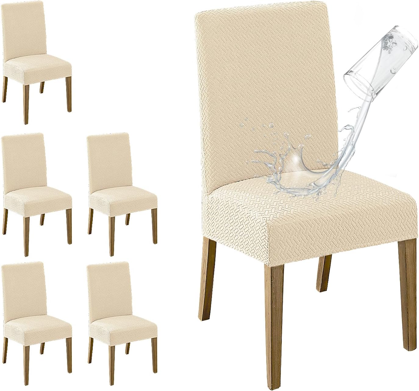 MOSAYT 100% Waterproof Dining Room Chair Covers Set of 4, Super Fit Stretch Jacquard Parson Chairs Slipcovers Removable Washable Chair Seat Protectors for Home, Kitchen, Banquet (Beige)