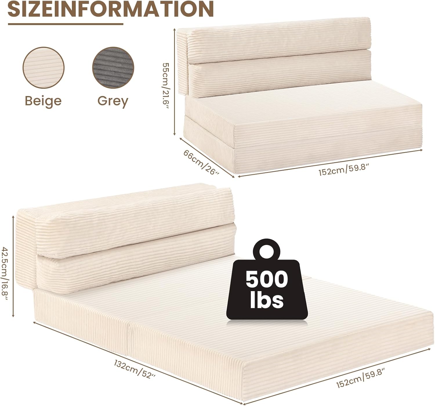 Folding Sofa Bed, Convertible Sleeper Chair with Pilow Foldable Matress, 2 in 1 Pull Out Loveseat Sofa Portable Fold Out Chair Bed Comfy Floor Couch Lounge for Living Room Bedroom