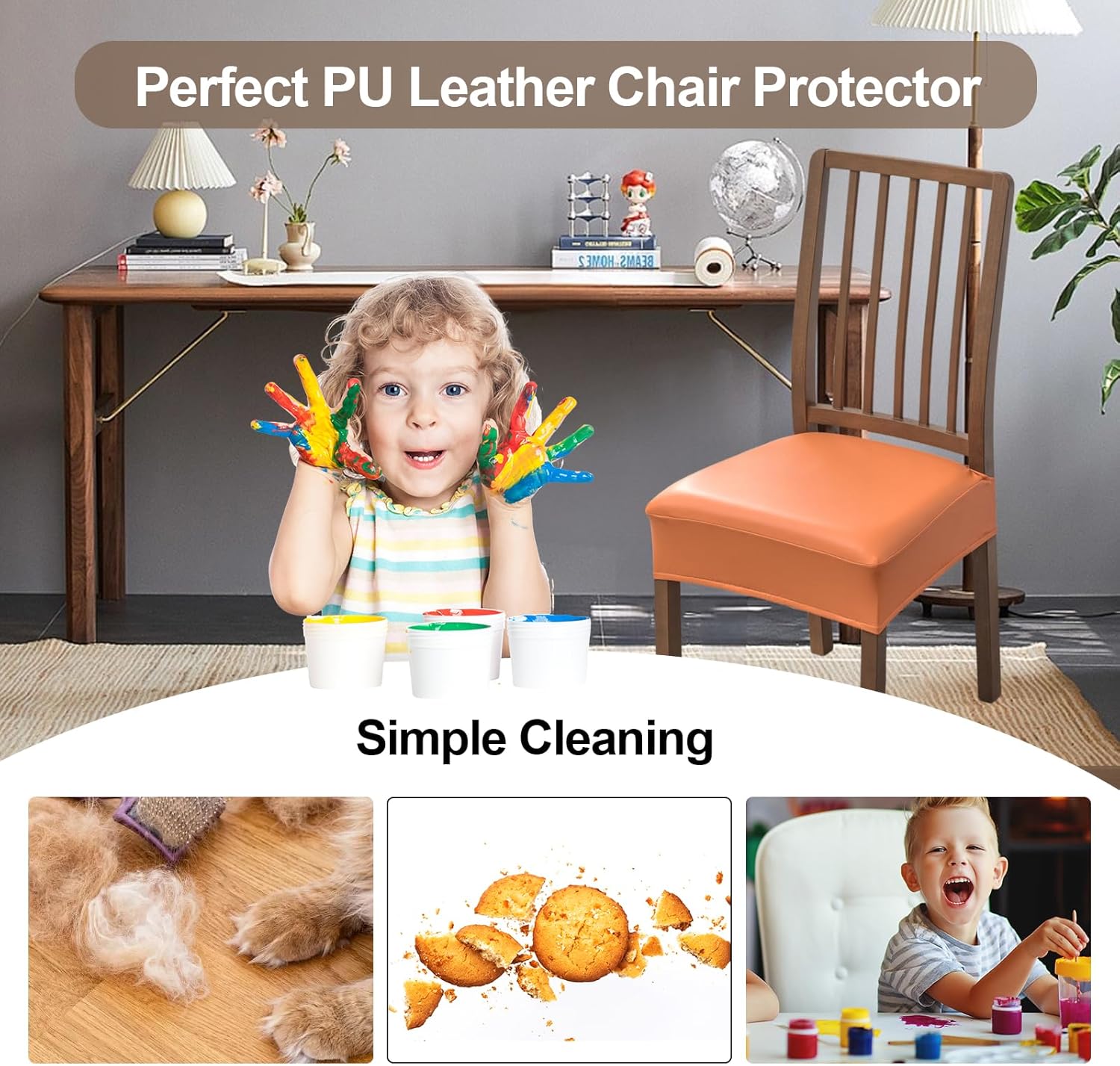 FUANGUI Dining Chair Covers Set of 4, Waterproof PU Leather Stretch Chair Seat Slipcovers Soft Removable Washable Chair Covers, Kitchen Chair Seat Covers Protectors Dining Room, PU-Black