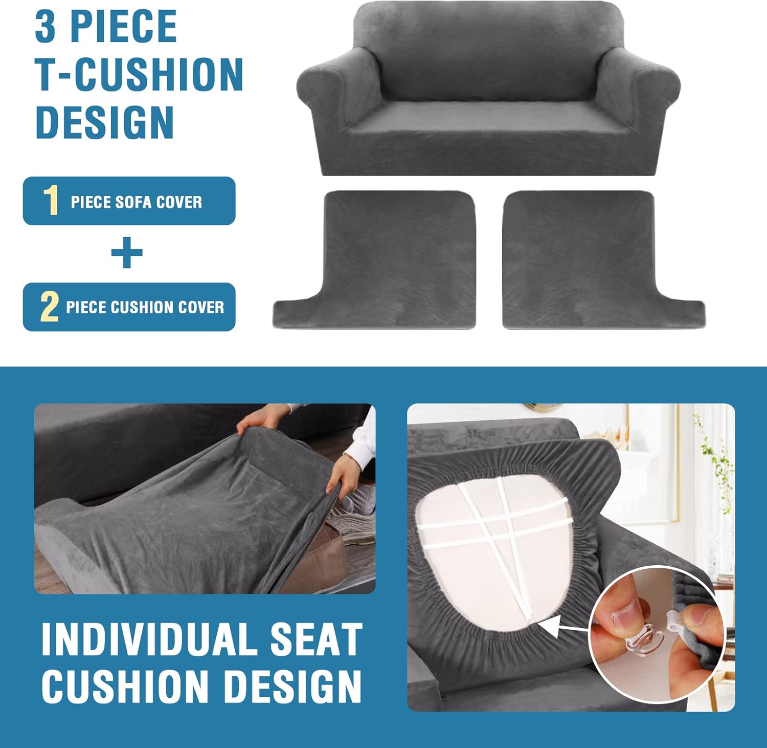 H.VERSAILTEX Sofa Cover 2 Piece T Cushion Armchair Slipcovers Thick Velvet Couch Cover Furniture Protector Stretch T Cushion Sofa Covers for 1 Cushion Couch with 1 Individual T Cushion Covers, Ivory