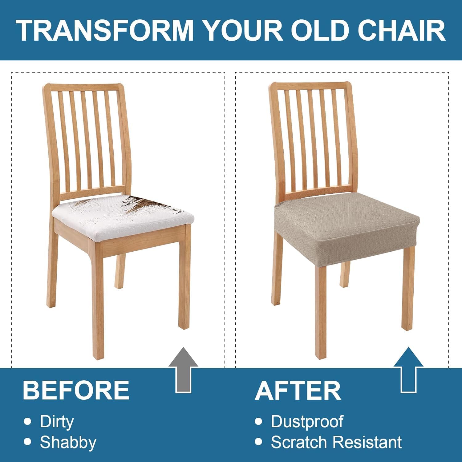 Smiry Waterproof Seat Covers for Dining Room Chairs Set of 4, Stretch Jacquard Removable Washable Chair Seat Slipcovers Protector, No Rear Covers, Beige