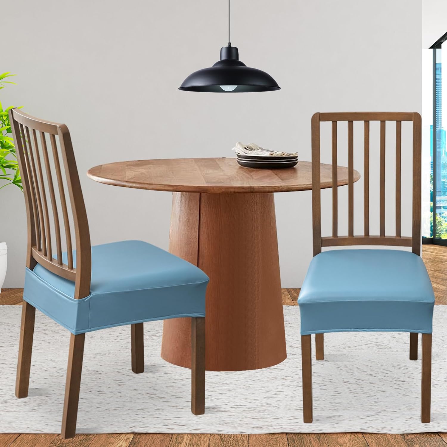 FUANGUI Dining Chair Covers Set of 4, Waterproof PU Leather Stretch Chair Seat Slipcovers Soft Removable Washable Chair Covers, Kitchen Chair Seat Covers Protectors Dining Room, PU-Black