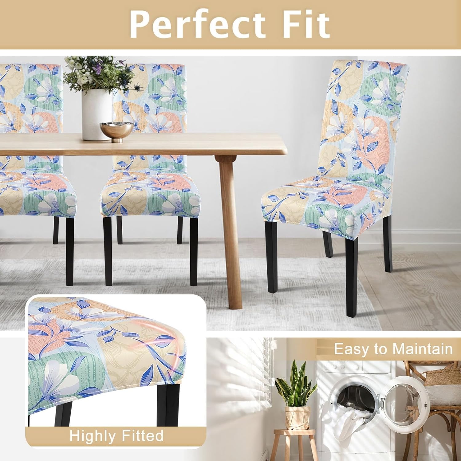 SearchI Chair Covers Slipcovers Set of 4, Spandex Super Fit Stretch Removable Washable Kitchen Parsons Protector for Dining Room,Hotel,Ceremony,Beige+Flowers