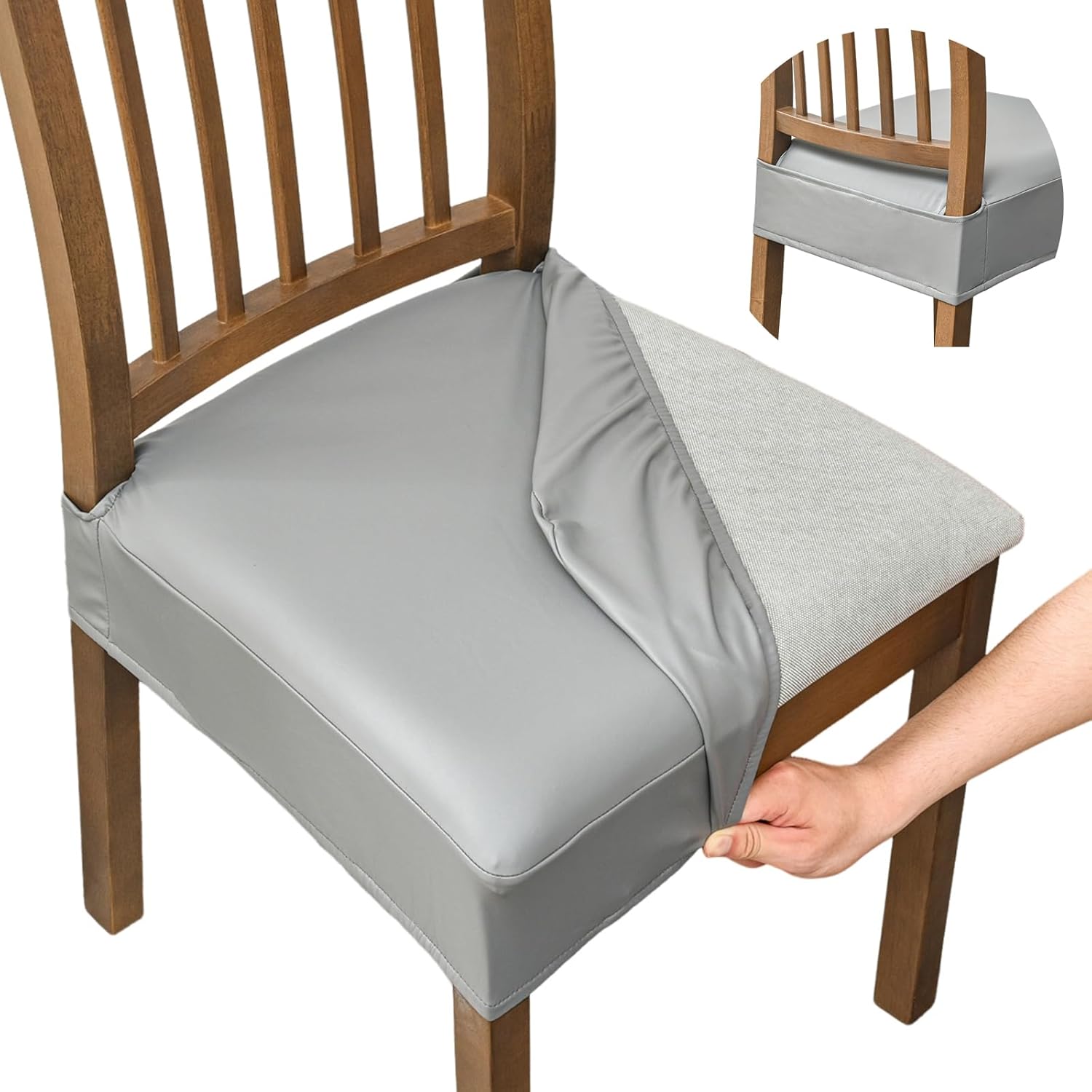 FUANGUI Dining Chair Covers Set of 4, Waterproof PU Leather Stretch Chair Seat Slipcovers Soft Removable Washable Chair Covers, Kitchen Chair Seat Covers Protectors Dining Room, PU-Black