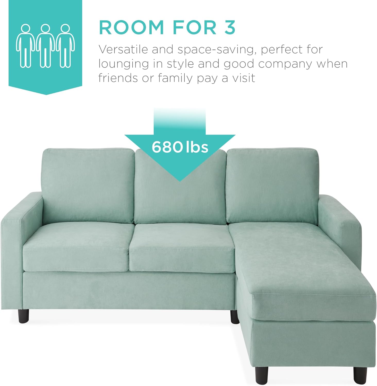 Best Choice Products Upholstered Sectional Sofa for Home, Apartment, Dorm, Bonus Room, Compact Spaces w/Chaise Lounge, 3-Seat, L-Shape Design, Reversible Ottoman Bench, 680lb Capacity - Light Gray