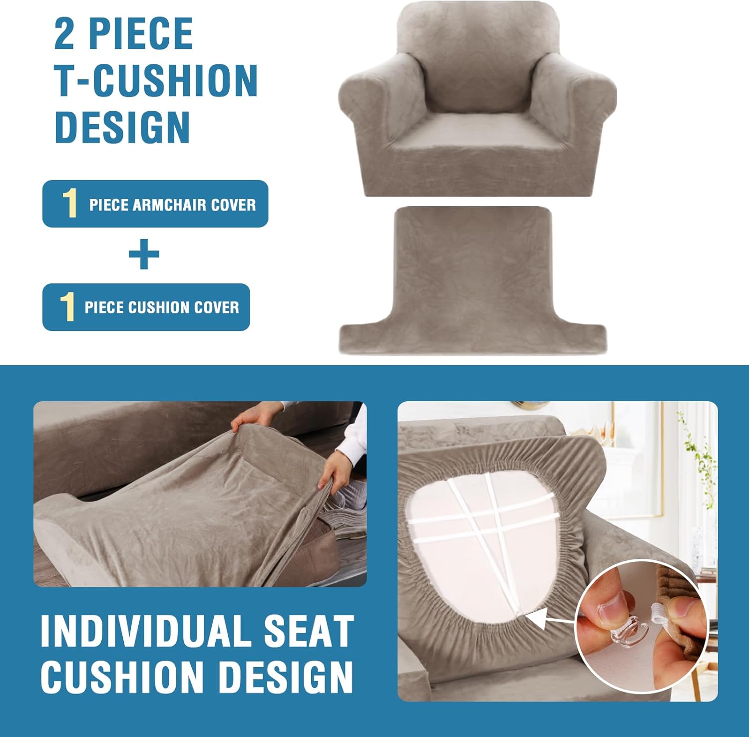 H.VERSAILTEX Sofa Cover 2 Piece T Cushion Armchair Slipcovers Thick Velvet Couch Cover Furniture Protector Stretch T Cushion Sofa Covers for 1 Cushion Couch with 1 Individual T Cushion Covers, Ivory