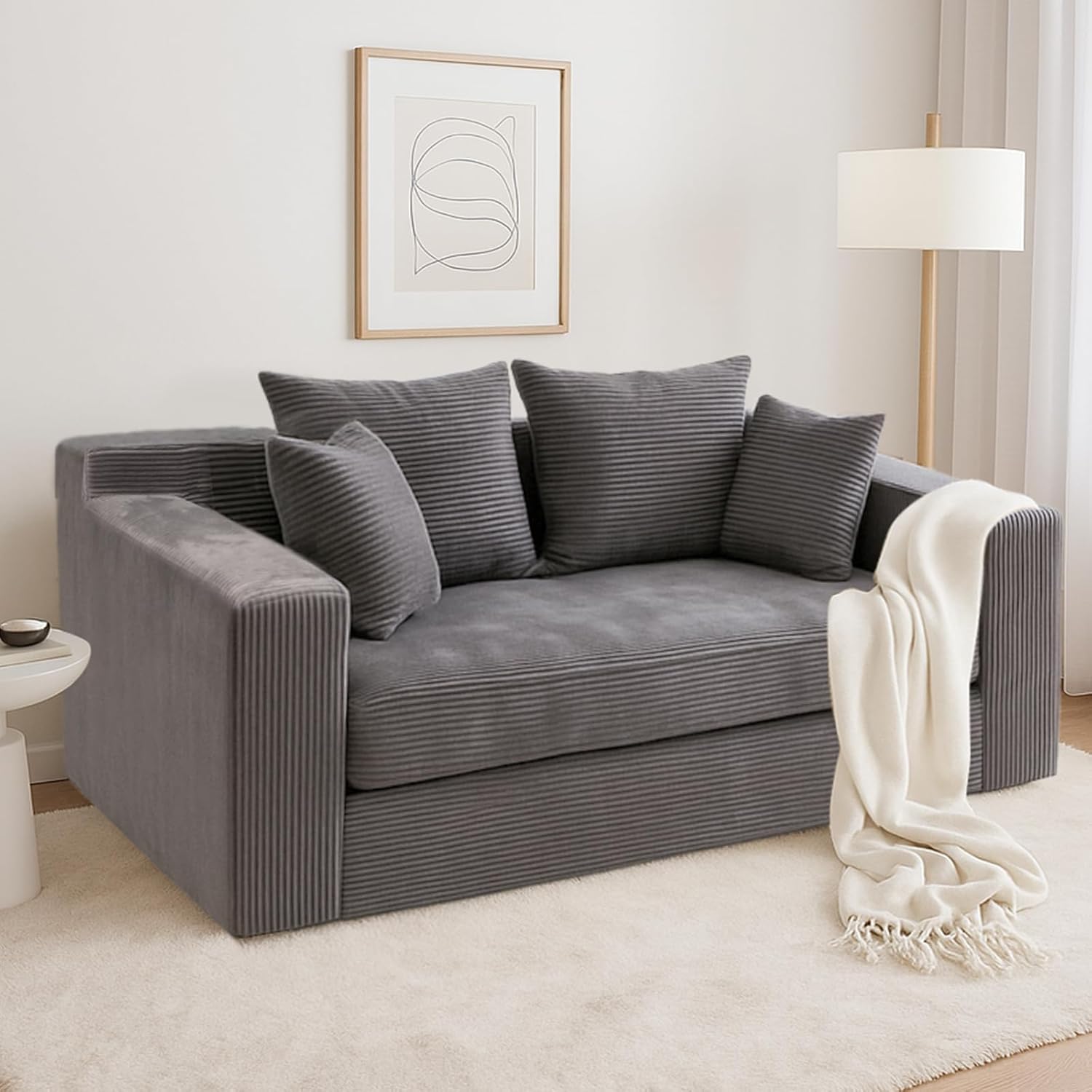 Convertible Sofa Bed, 3 in 1 Loveseat Folding Couch Bed Foldable - Chaise Lounge Chair & Floor Futon Sleeper, Corduroy Pull Out Sofa Bed with 4 Pillows for Living Room, Beige