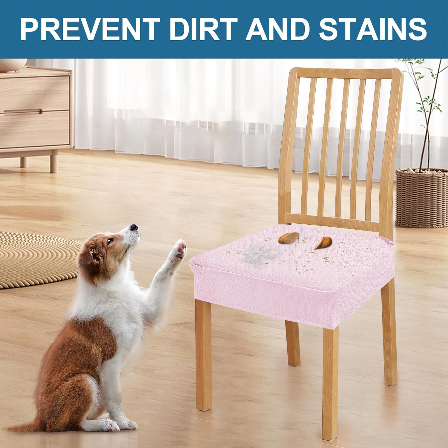 Smiry Waterproof Seat Covers for Dining Room Chairs Set of 4, Stretch Jacquard Removable Washable Chair Seat Slipcovers Protector, No Rear Covers, Beige