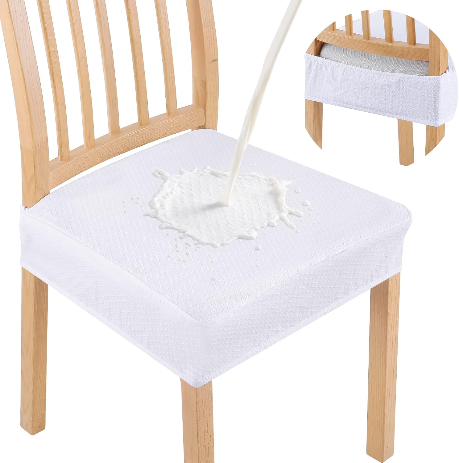 Smiry Waterproof Seat Covers for Dining Room Chairs Set of 4, Stretch Jacquard Removable Washable Chair Seat Slipcovers Protector, No Rear Covers, Beige