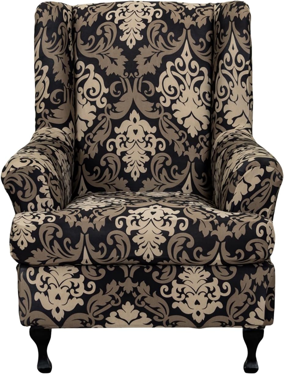 Wing Chair Slipcovers 2 Pieces Stretch Spandex Wingback Chair Covers Sofa Slipcover Printing Wingback Armchair Slipcovers Furniture Protector Couch Soft with Elastic Bottom for Wingback Chairs,12