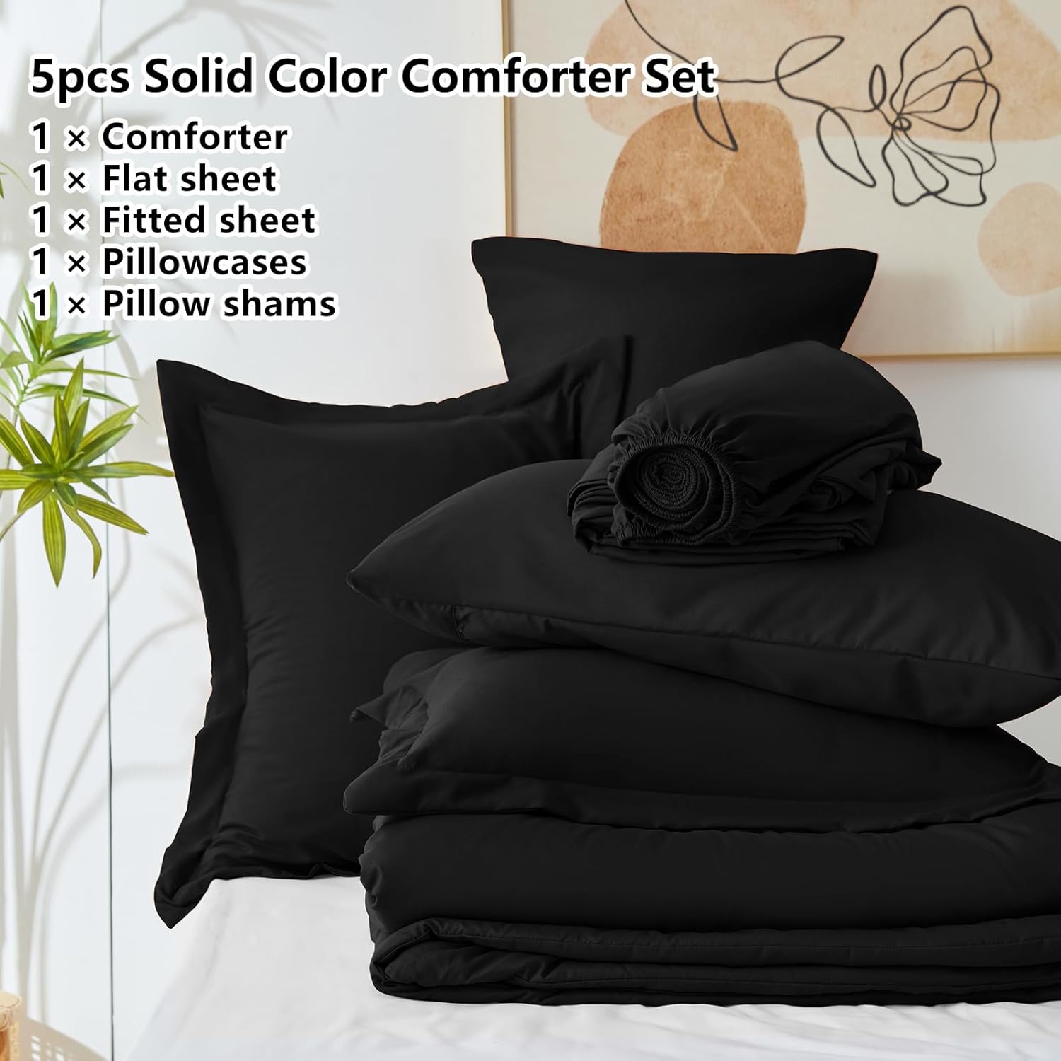 Queen Comforter Set Black, 7 Pieces
