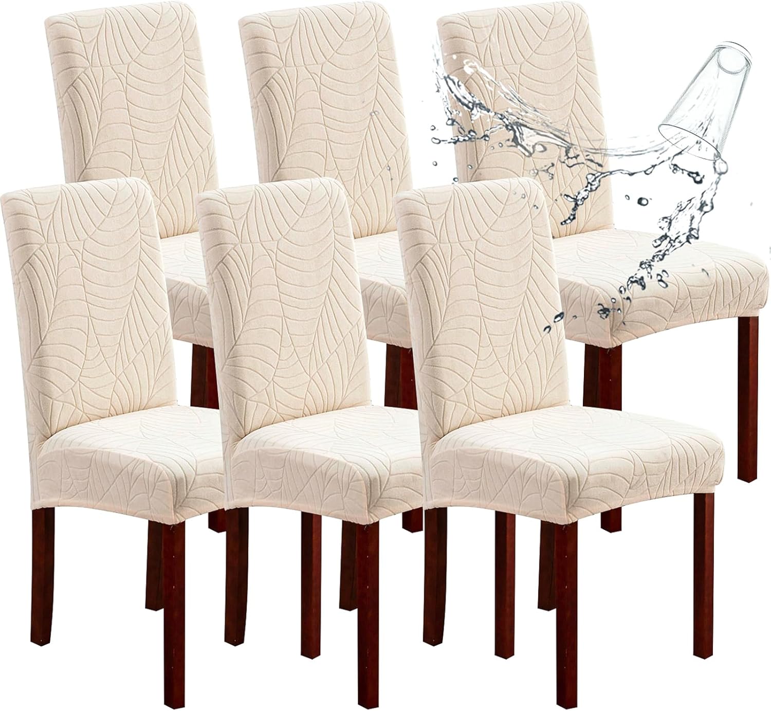 Genina 100% Waterproof Chair Covers for Dining Room Set of 4, Stretch Parson Chair Slipcovers for Kitchen Chairs, Washable Chair Protectors, Leaves-Warm Gray