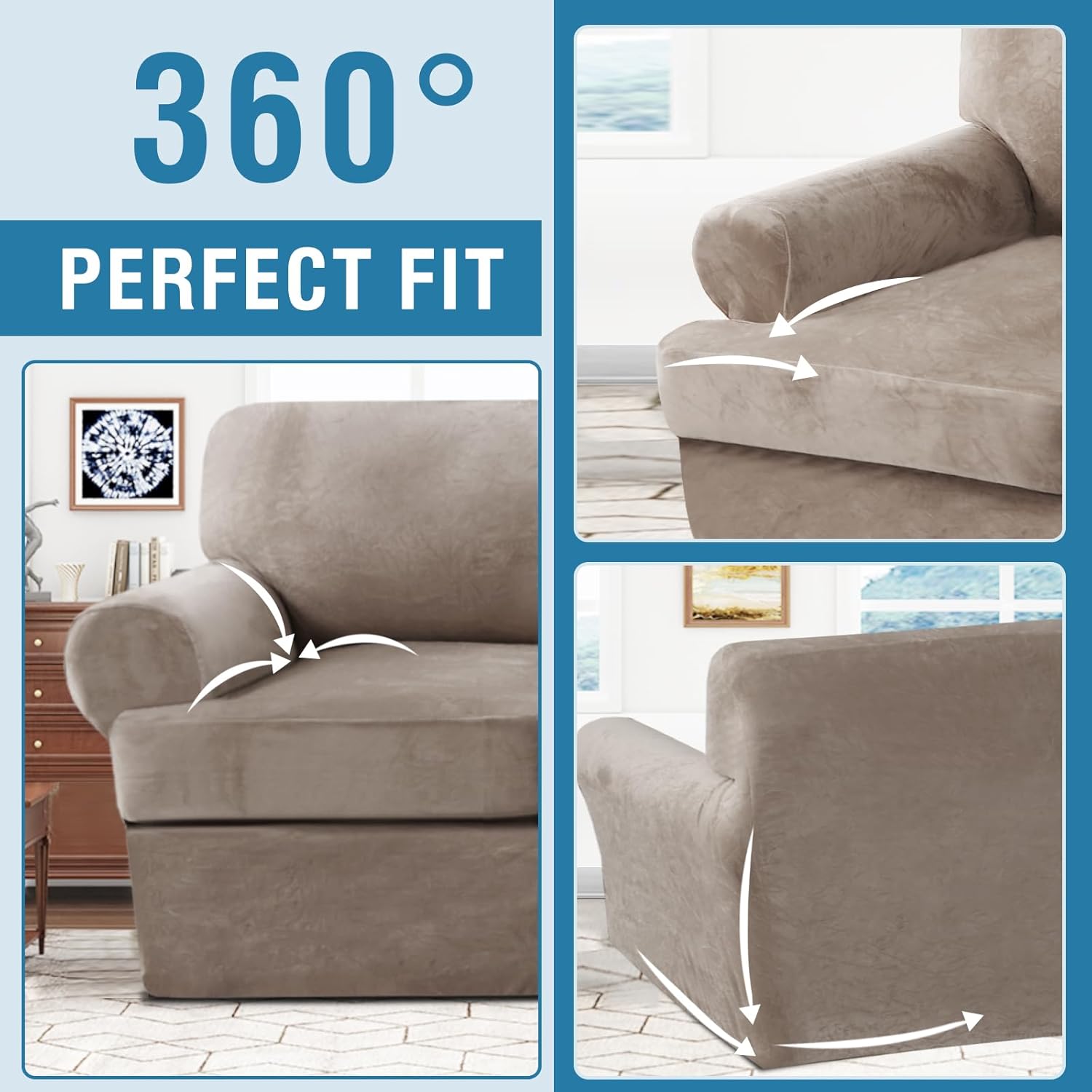 H.VERSAILTEX Sofa Cover 2 Piece T Cushion Armchair Slipcovers Thick Velvet Couch Cover Furniture Protector Stretch T Cushion Sofa Covers for 1 Cushion Couch with 1 Individual T Cushion Covers, Ivory