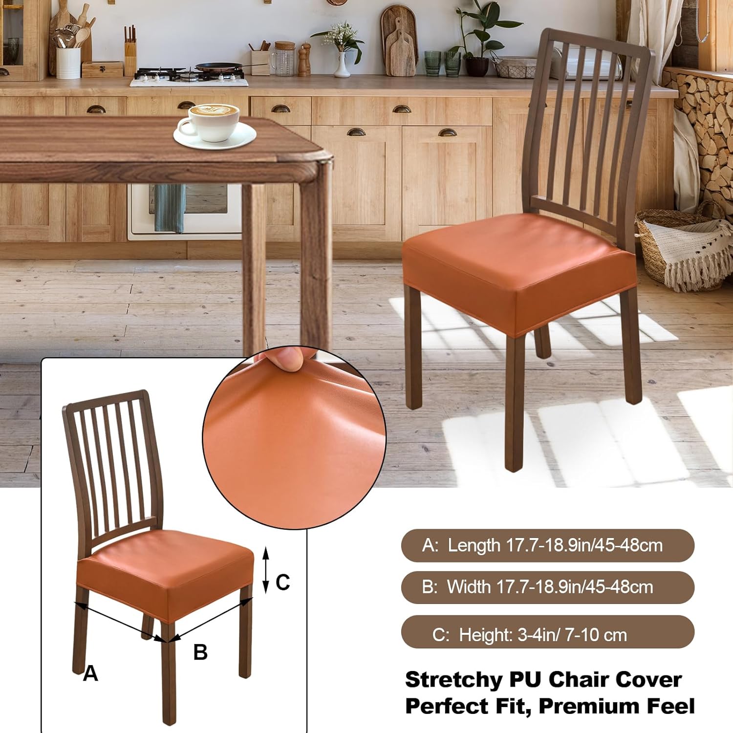 FUANGUI Dining Chair Covers Set of 4, Waterproof PU Leather Stretch Chair Seat Slipcovers Soft Removable Washable Chair Covers, Kitchen Chair Seat Covers Protectors Dining Room, PU-Black