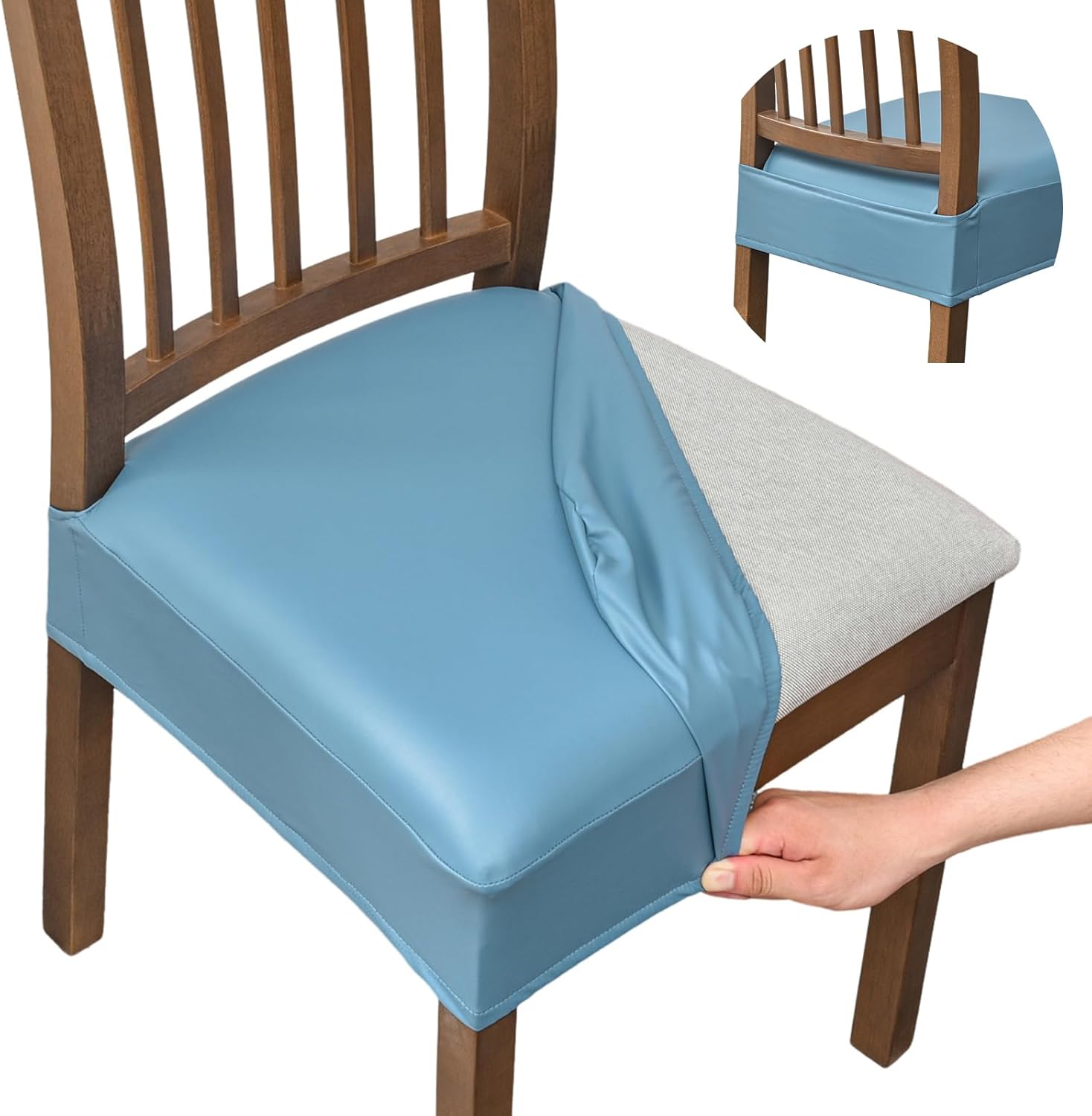 FUANGUI Dining Chair Covers Set of 4, Waterproof PU Leather Stretch Chair Seat Slipcovers Soft Removable Washable Chair Covers, Kitchen Chair Seat Covers Protectors Dining Room, PU-Black