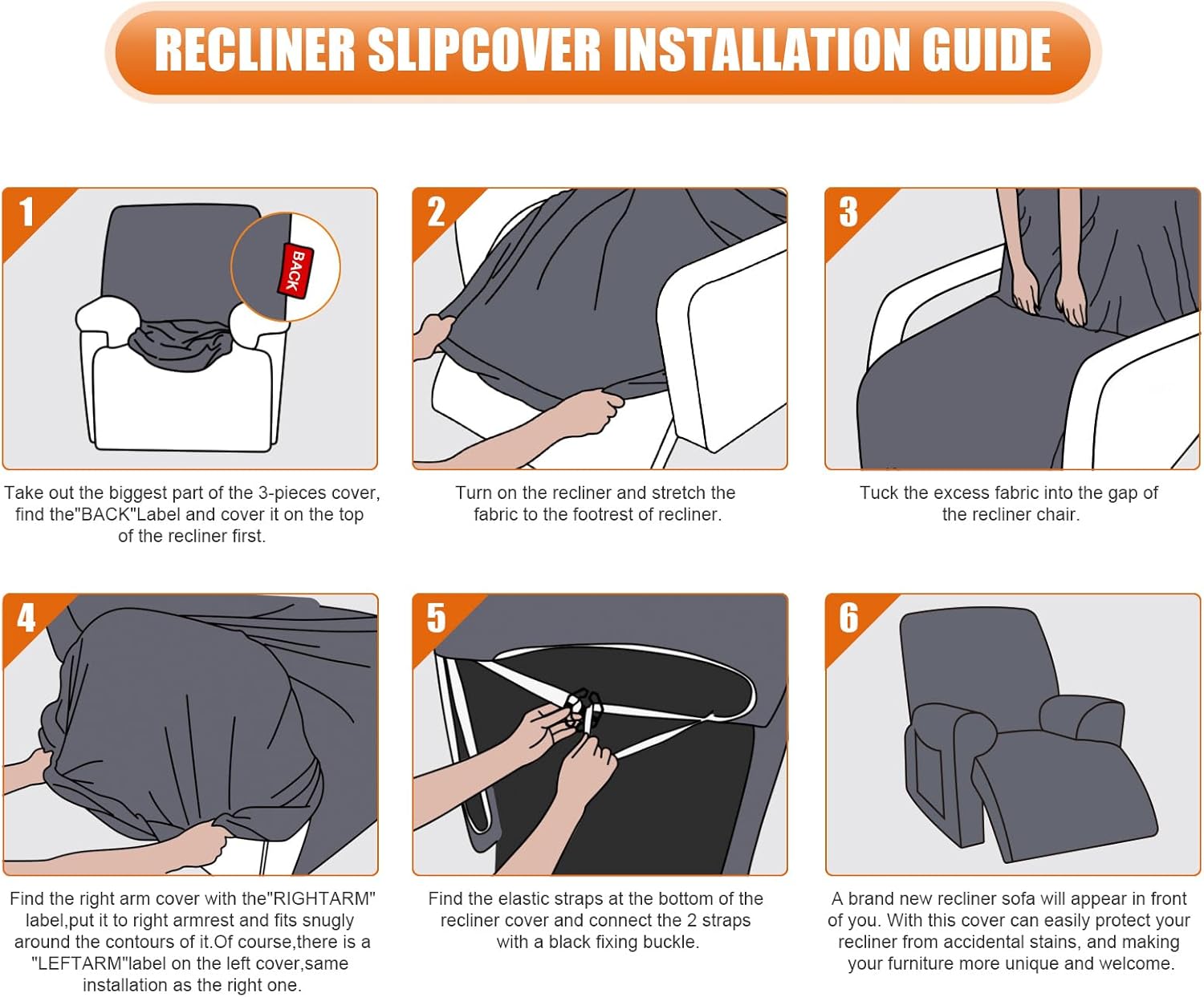 VANSOFY Recliner Chair Cover, 3-Pieces Stretch Recliner Covers for Recliner Chair Soft Reclining Chair Slipcover Furniture Protector for Dogs Cats(Dark Gray)