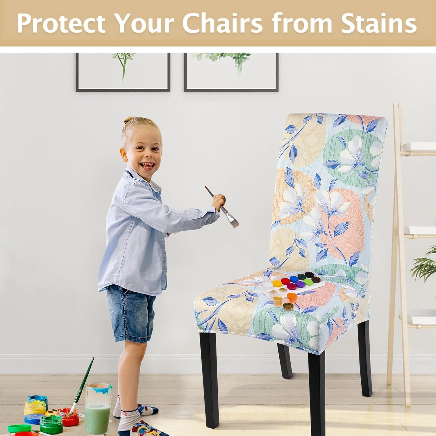 SearchI Chair Covers Slipcovers Set of 4, Spandex Super Fit Stretch Removable Washable Kitchen Parsons Protector for Dining Room,Hotel,Ceremony,Beige+Flowers