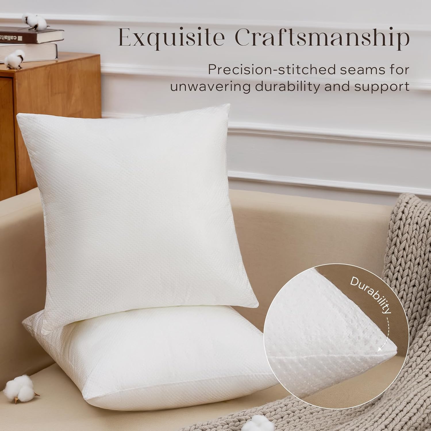 Phantoscope Pillow Inserts, Hypoallergenic 100% Virgin Fiber Square Form Microfiber Throw Pillow Inserts, Couch Bed Pillows 45x45 cm, 18x18 Inch (Pack of 4)