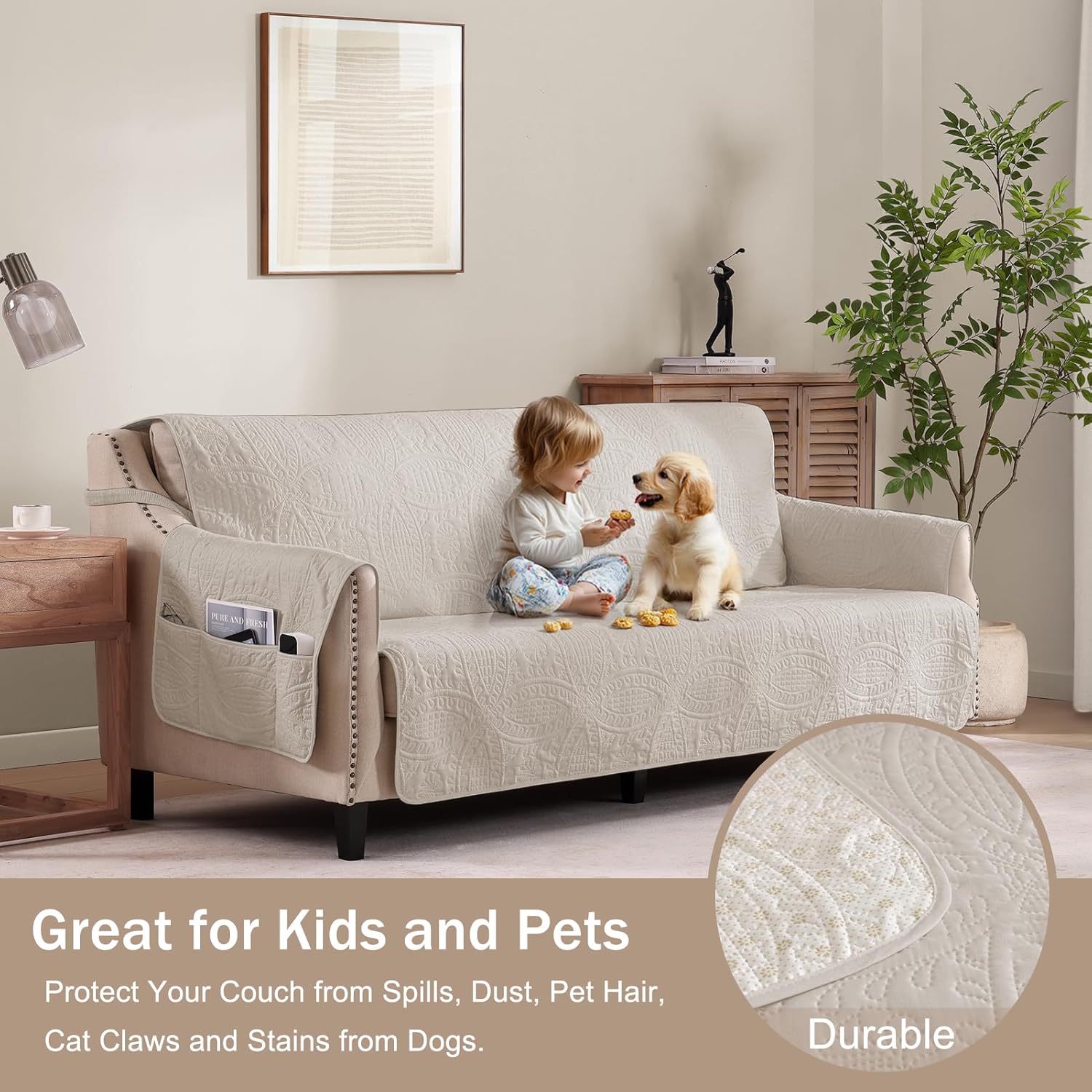 Beige Quilted Recliner Covers, Water-Repellent Recliner Slipcovers, Lazy Boy Chair Covers, Pet Friendly Recliner Cover for Dogs Cats, Washable Furniture Protector (Recliner 22", Beige Cream)