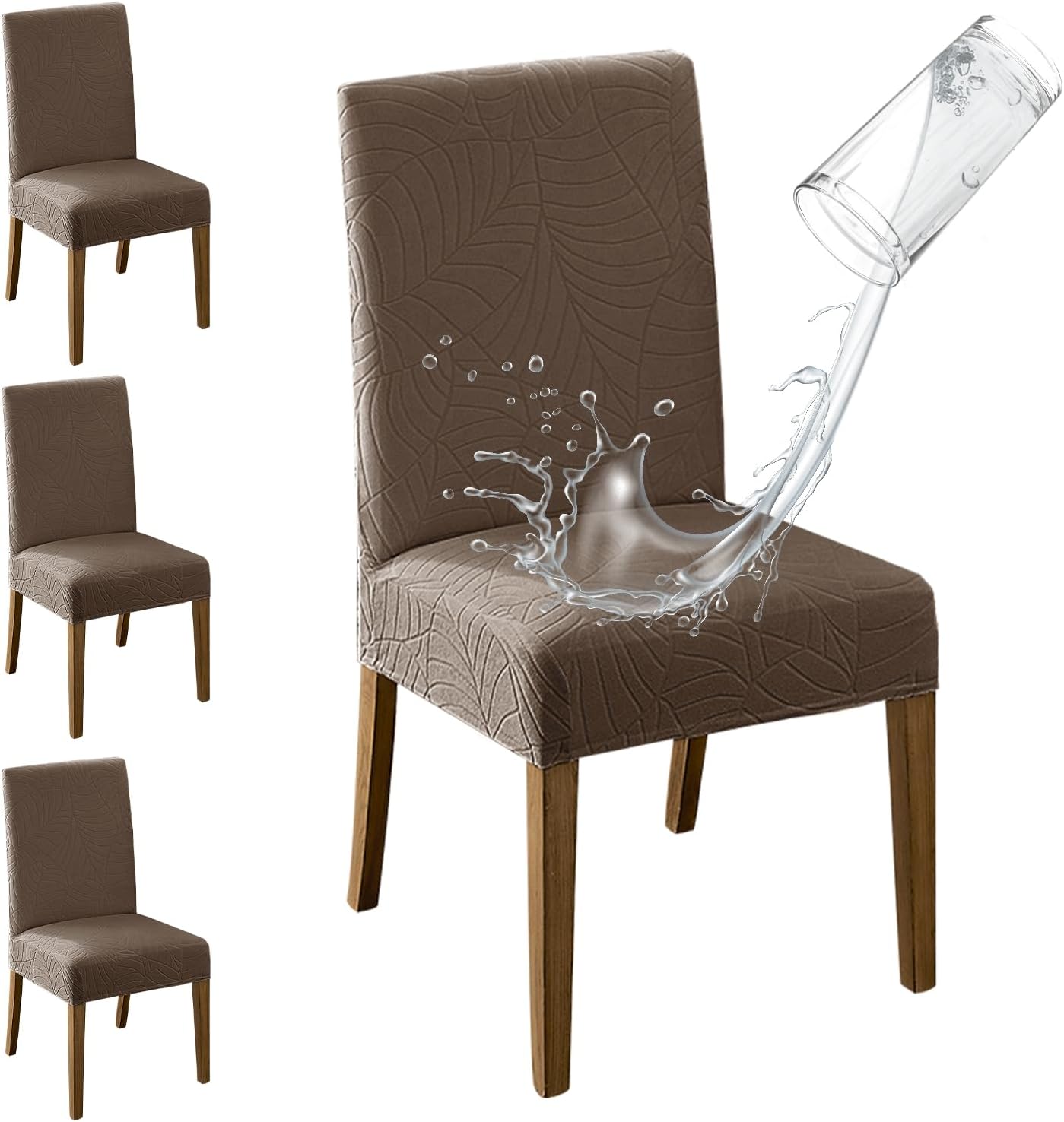 MOSAYT 100% Waterproof Dining Room Chair Covers Set of 4, Super Fit Stretch Jacquard Parson Chairs Slipcovers Removable Washable Chair Seat Protectors for Home, Kitchen, Banquet (Beige)