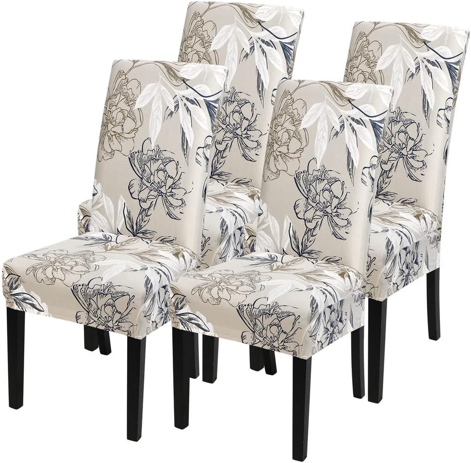 SearchI Chair Covers Slipcovers Set of 4, Spandex Super Fit Stretch Removable Washable Kitchen Parsons Protector for Dining Room,Hotel,Ceremony,Beige+Flowers