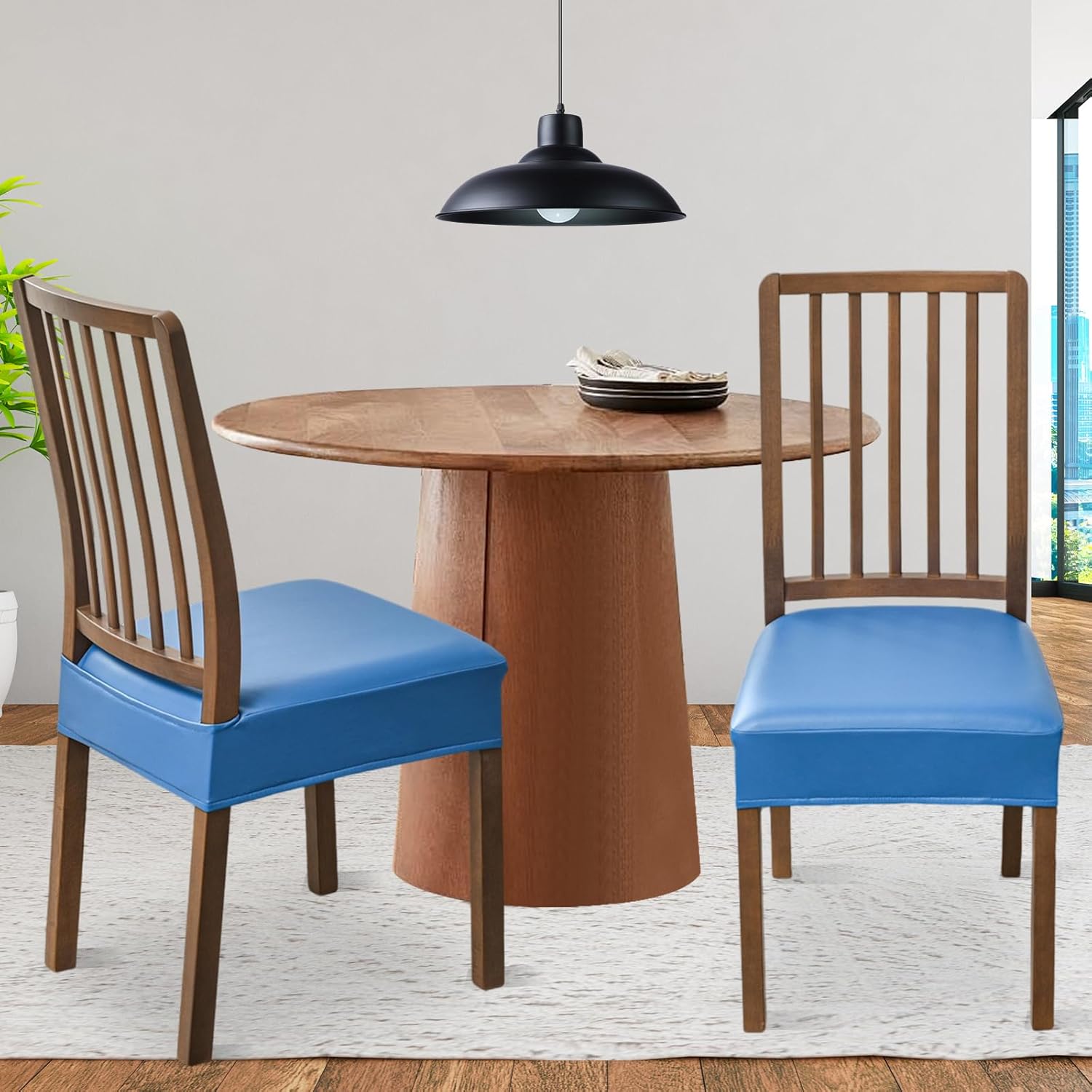 FUANGUI Dining Chair Covers Set of 4, Waterproof PU Leather Stretch Chair Seat Slipcovers Soft Removable Washable Chair Covers, Kitchen Chair Seat Covers Protectors Dining Room, PU-Black