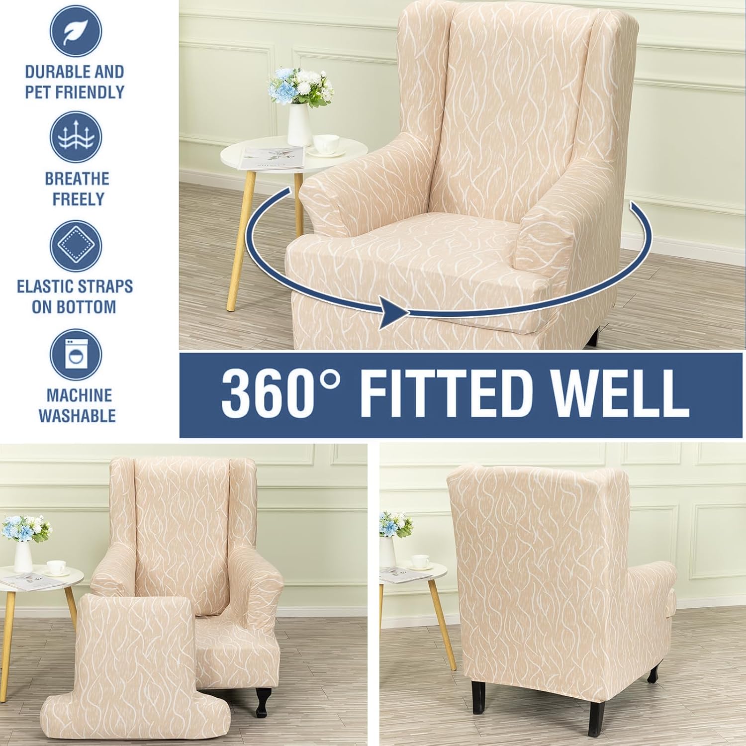 Wing Chair Slipcovers 2 Pieces Stretch Spandex Wingback Chair Covers Sofa Slipcover Printing Wingback Armchair Slipcovers Furniture Protector Couch Soft with Elastic Bottom for Wingback Chairs,12