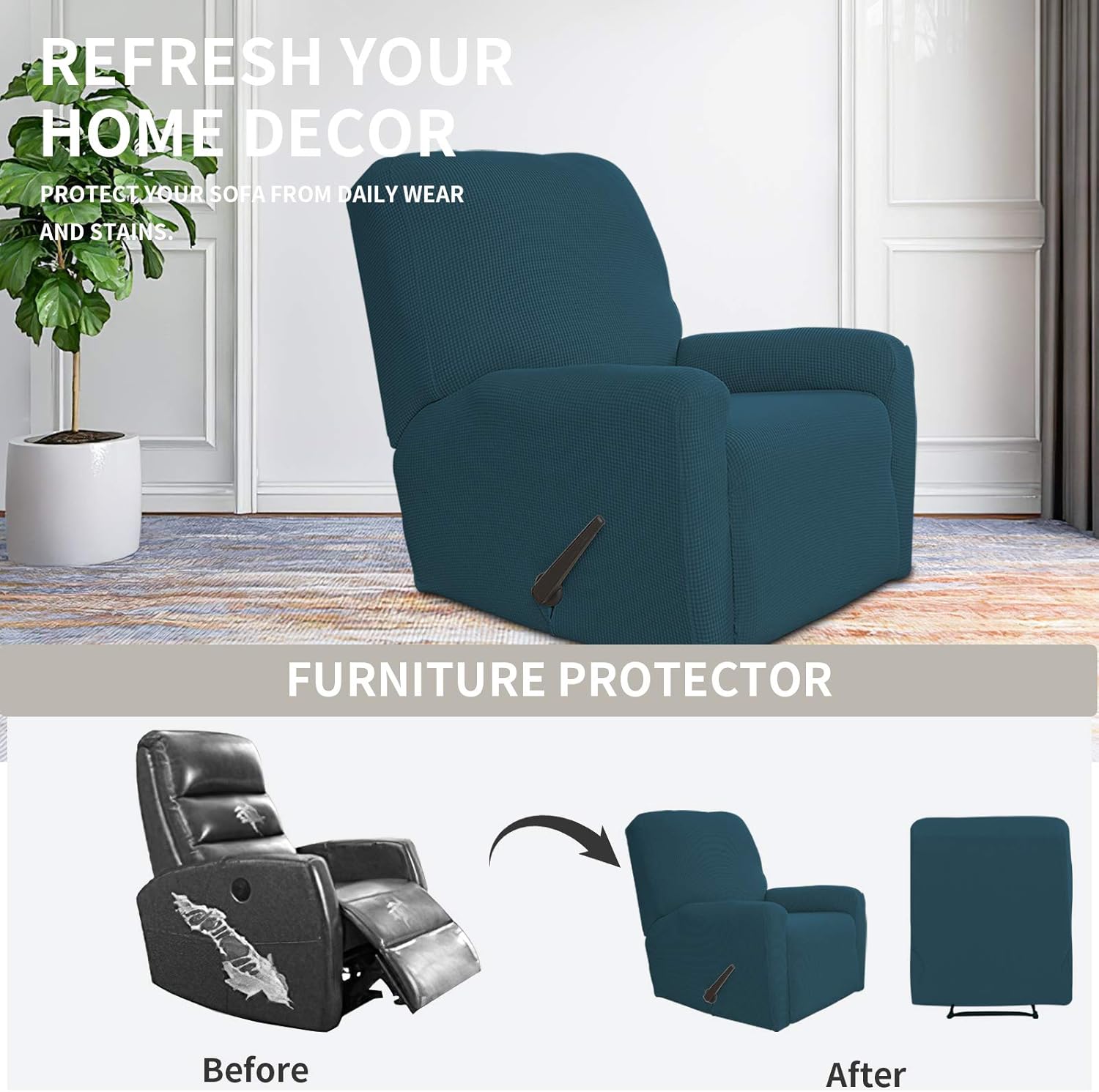 Easy-Going Recliner Stretch Sofa Slipcover Sofa Cover 4-Pieces Furniture Protector Couch Soft with Elastic Bottom, Spandex Jacquard Fabric Small Checks(Recliner,Dark Gray)