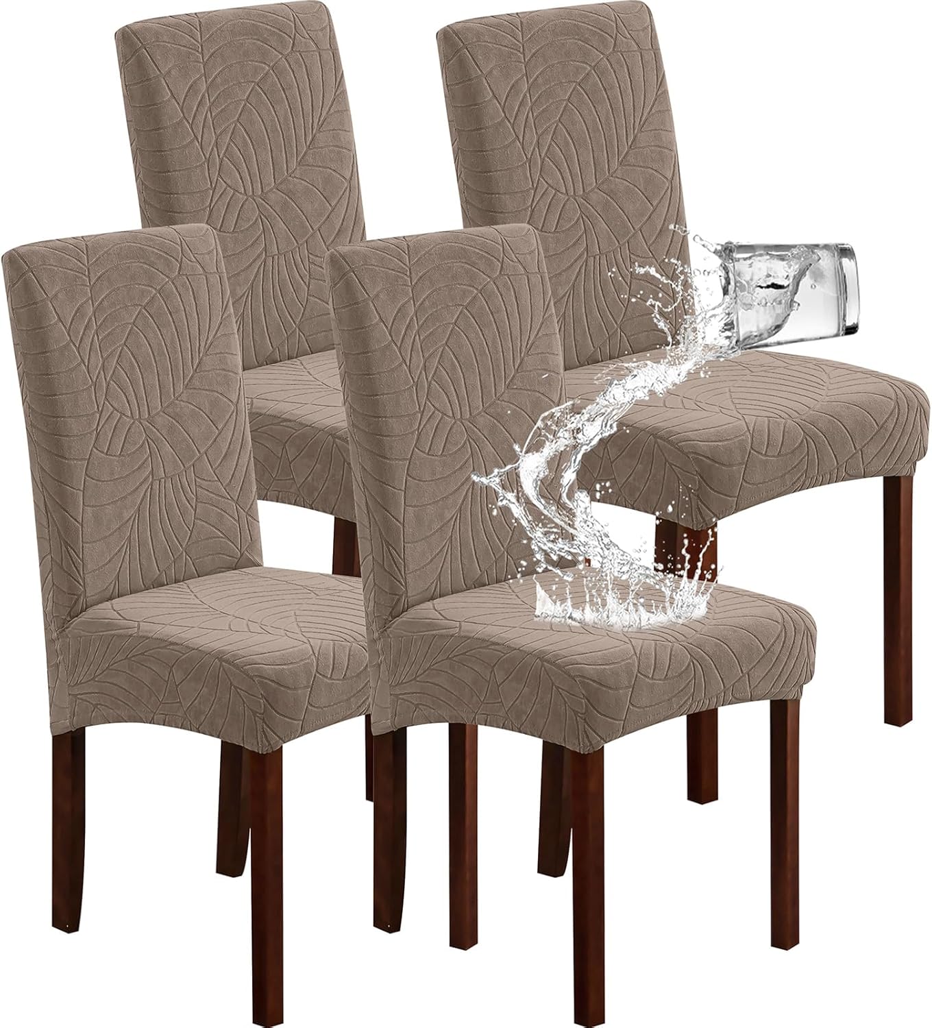 Genina 100% Waterproof Chair Covers for Dining Room Set of 4, Stretch Parson Chair Slipcovers for Kitchen Chairs, Washable Chair Protectors, Leaves-Warm Gray