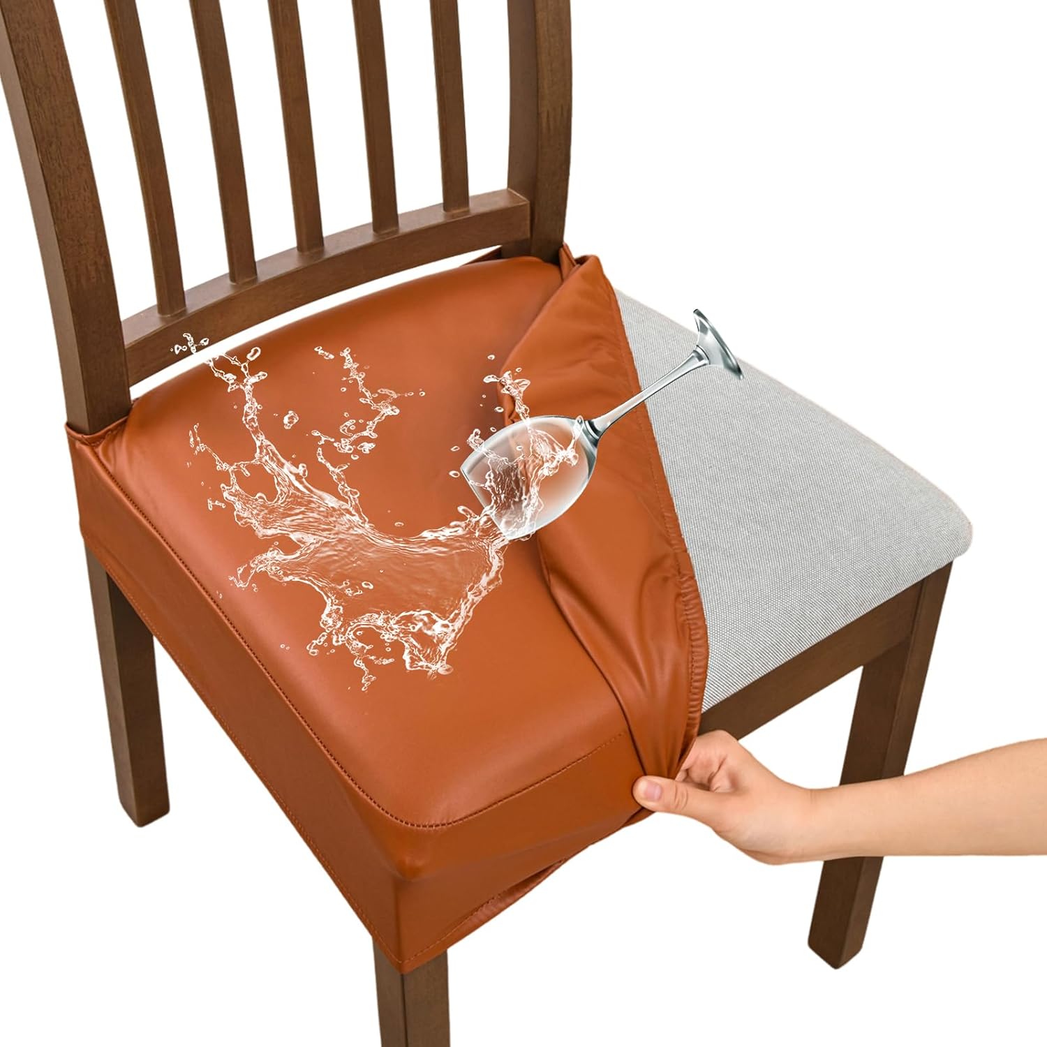 FUANGUI Dining Chair Covers Set of 4, Waterproof PU Leather Stretch Chair Seat Slipcovers Soft Removable Washable Chair Covers, Kitchen Chair Seat Covers Protectors Dining Room, PU-Black