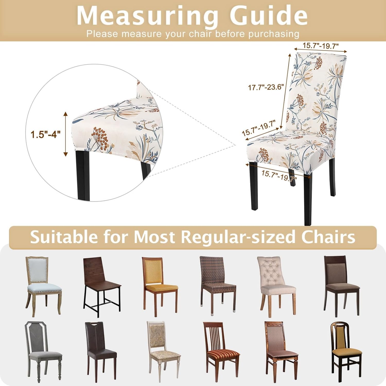 SearchI Chair Covers Slipcovers Set of 4, Spandex Super Fit Stretch Removable Washable Kitchen Parsons Protector for Dining Room,Hotel,Ceremony,Beige+Flowers