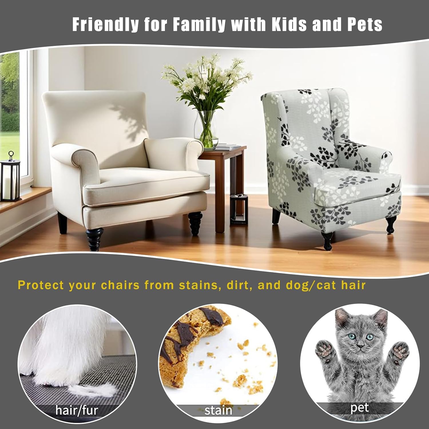 Wing Chair Slipcovers 2 Pieces Stretch Spandex Wingback Chair Covers Sofa Slipcover Printing Wingback Armchair Slipcovers Furniture Protector Couch Soft with Elastic Bottom for Wingback Chairs,12