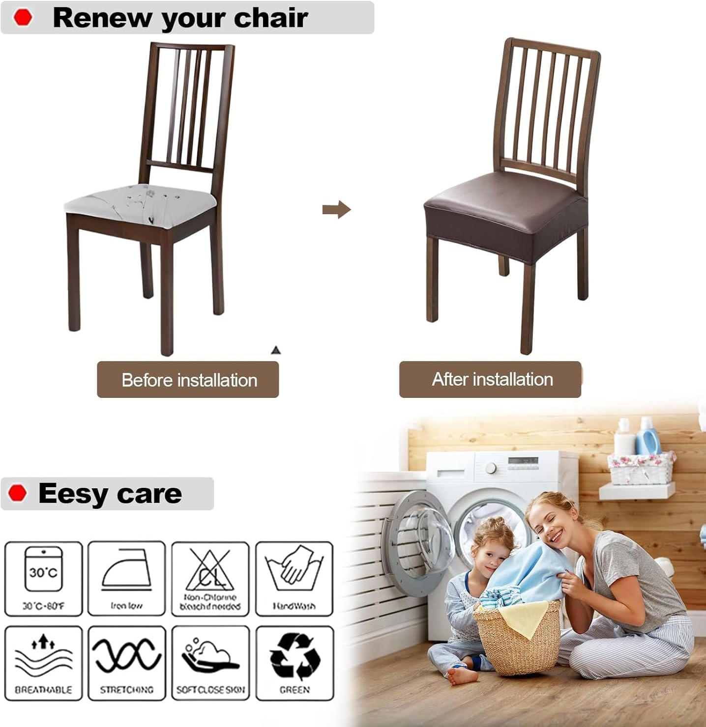 FUANGUI Dining Chair Covers Set of 4, Waterproof PU Leather Stretch Chair Seat Slipcovers Soft Removable Washable Chair Covers, Kitchen Chair Seat Covers Protectors Dining Room, PU-Black