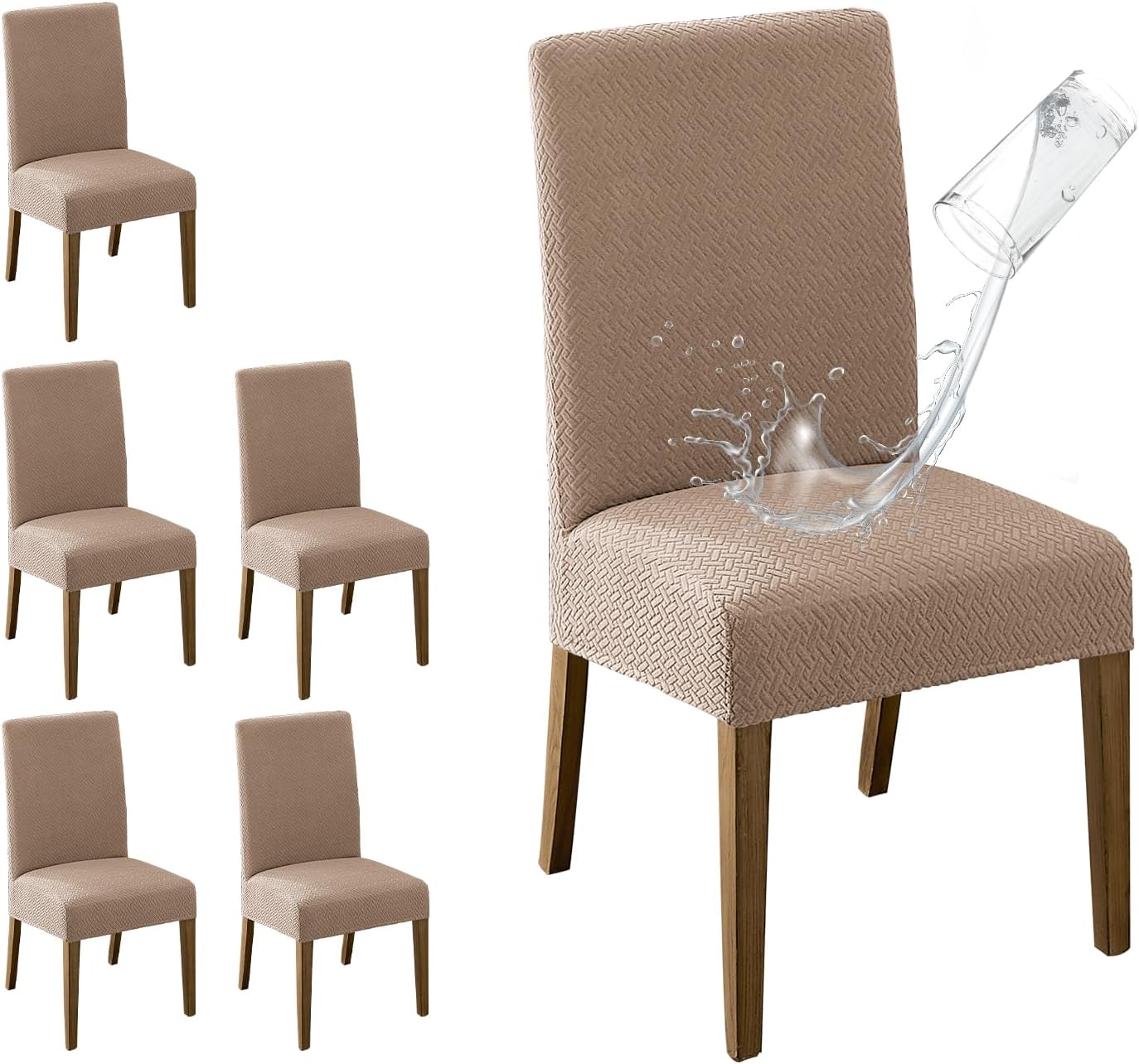 MOSAYT 100% Waterproof Dining Room Chair Covers Set of 4, Super Fit Stretch Jacquard Parson Chairs Slipcovers Removable Washable Chair Seat Protectors for Home, Kitchen, Banquet (Beige)