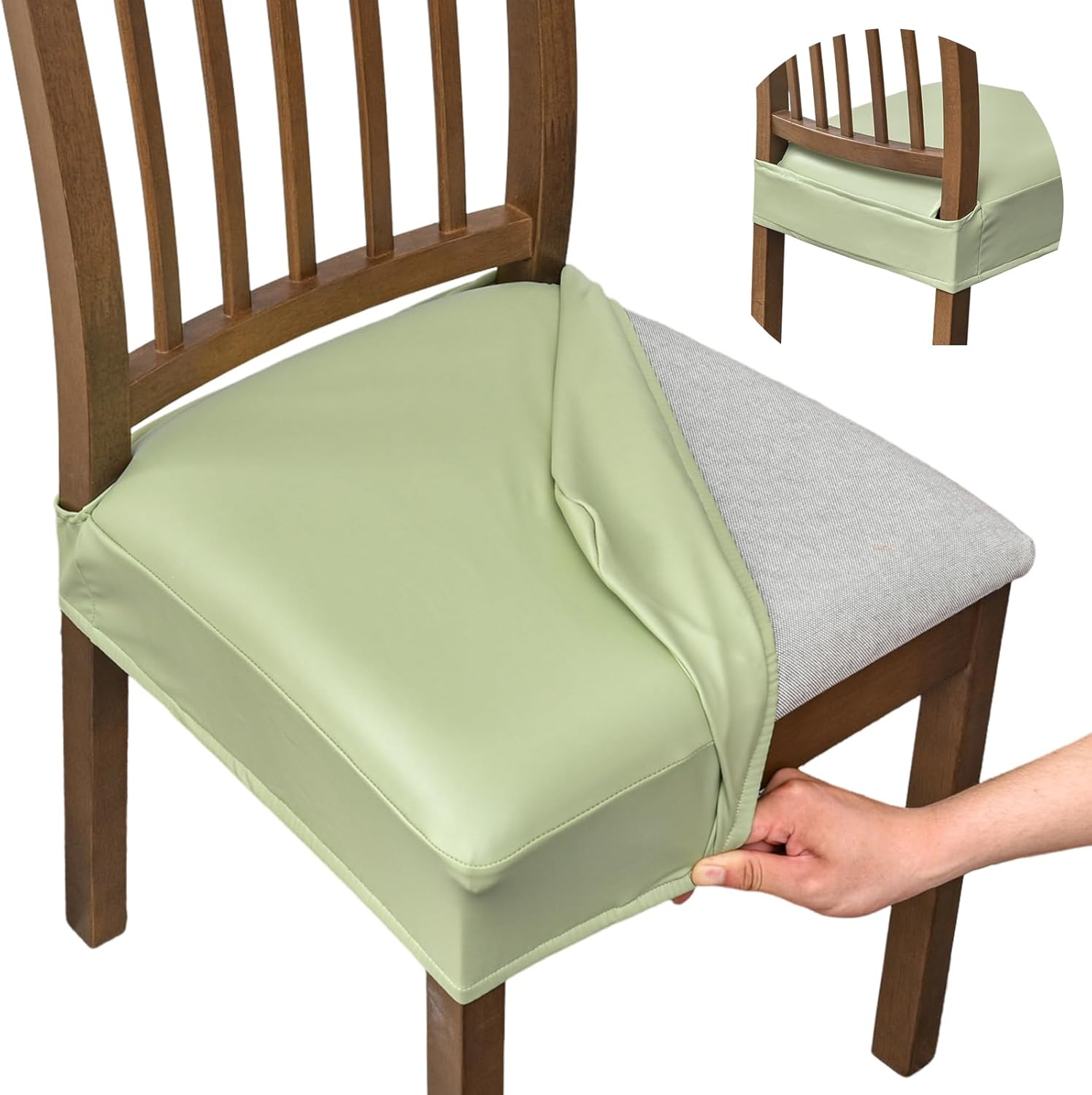 FUANGUI Dining Chair Covers Set of 4, Waterproof PU Leather Stretch Chair Seat Slipcovers Soft Removable Washable Chair Covers, Kitchen Chair Seat Covers Protectors Dining Room, PU-Black