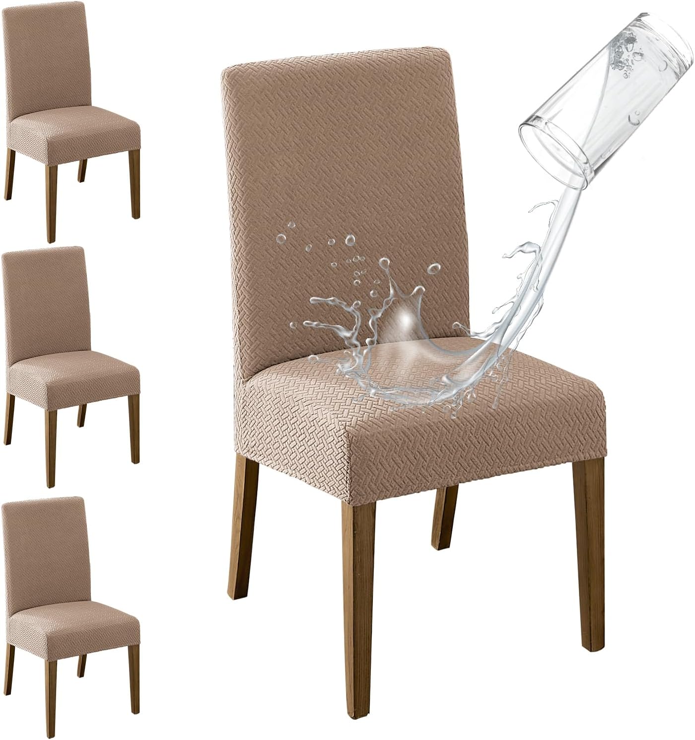 MOSAYT 100% Waterproof Dining Room Chair Covers Set of 4, Super Fit Stretch Jacquard Parson Chairs Slipcovers Removable Washable Chair Seat Protectors for Home, Kitchen, Banquet (Beige)